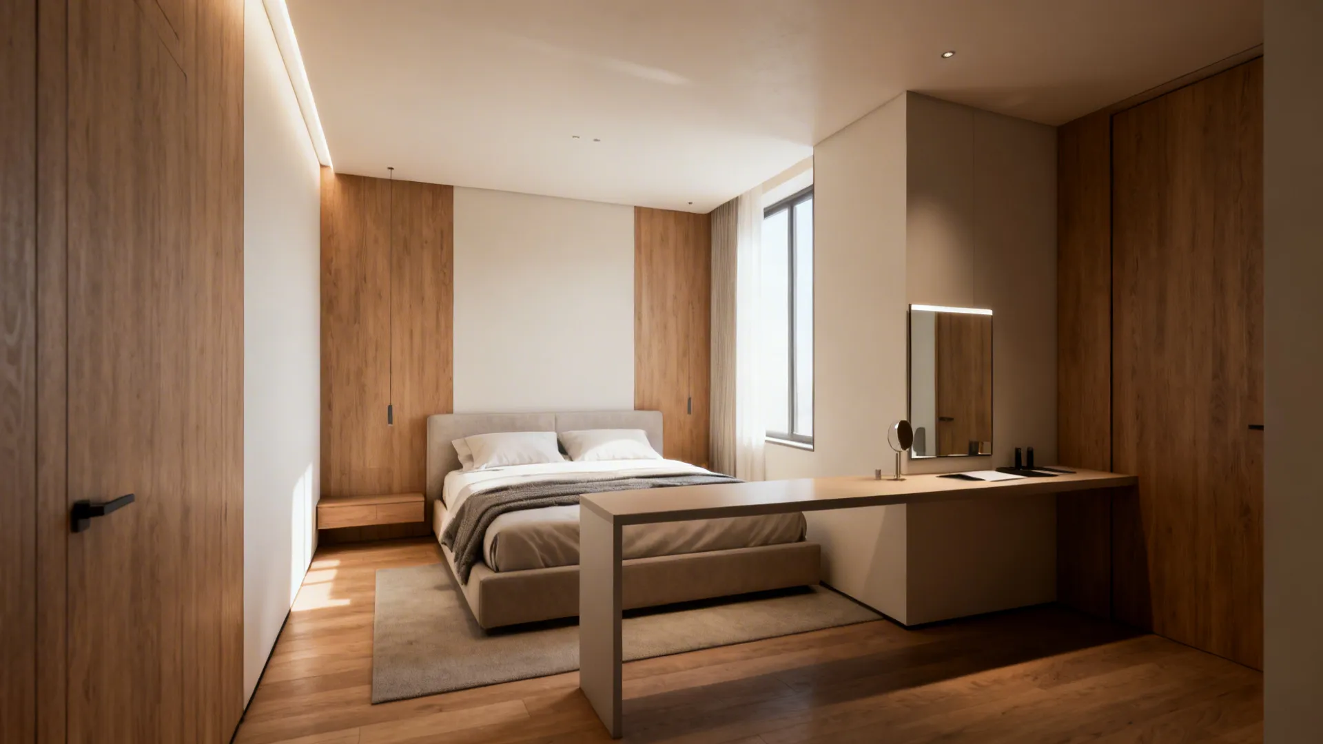 Corner-anchored king bed with a slim floating desk across the foot in a compact bedroom