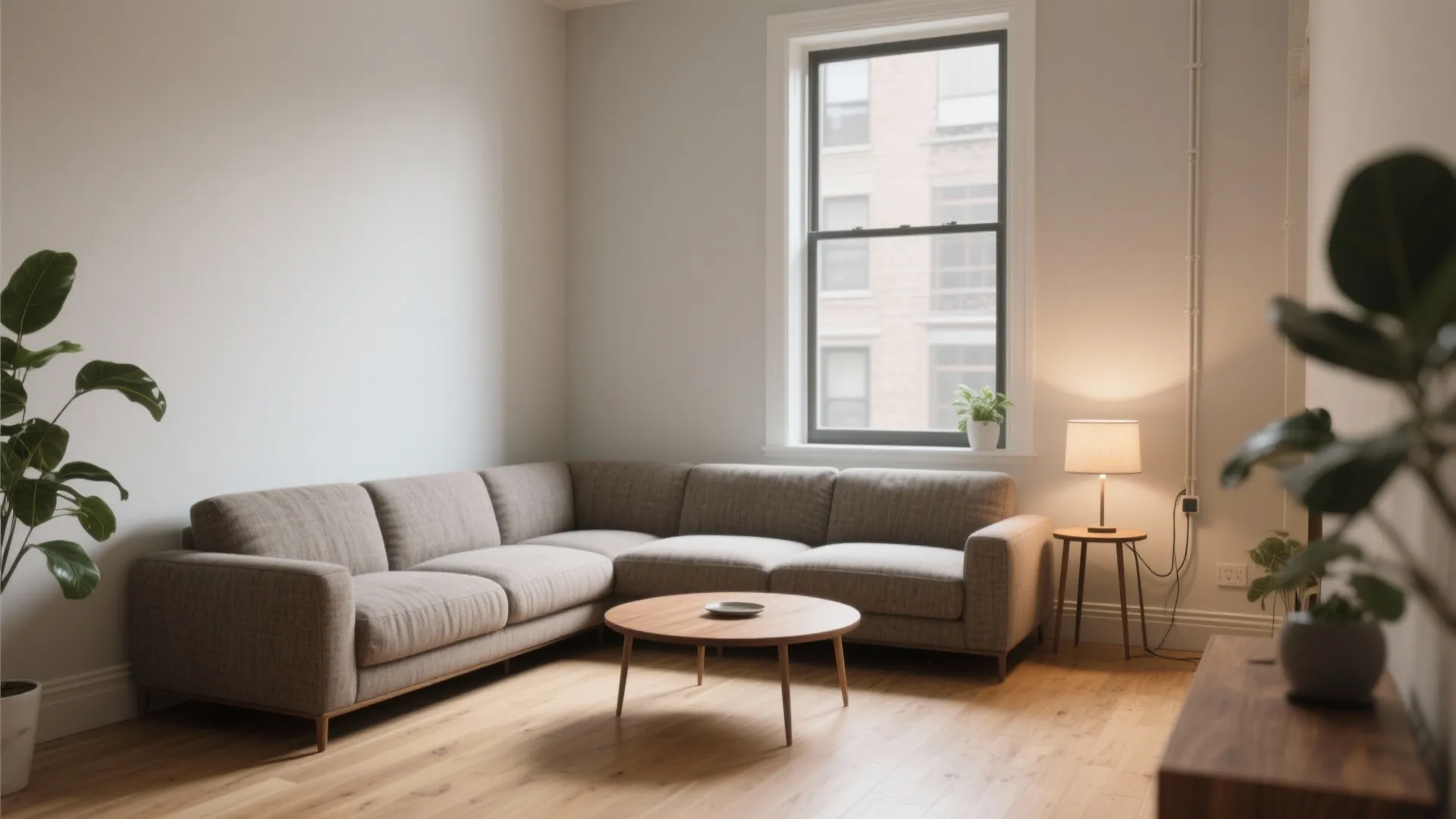 L-shaped sectional tucked in the corner with a clear central area and round table.