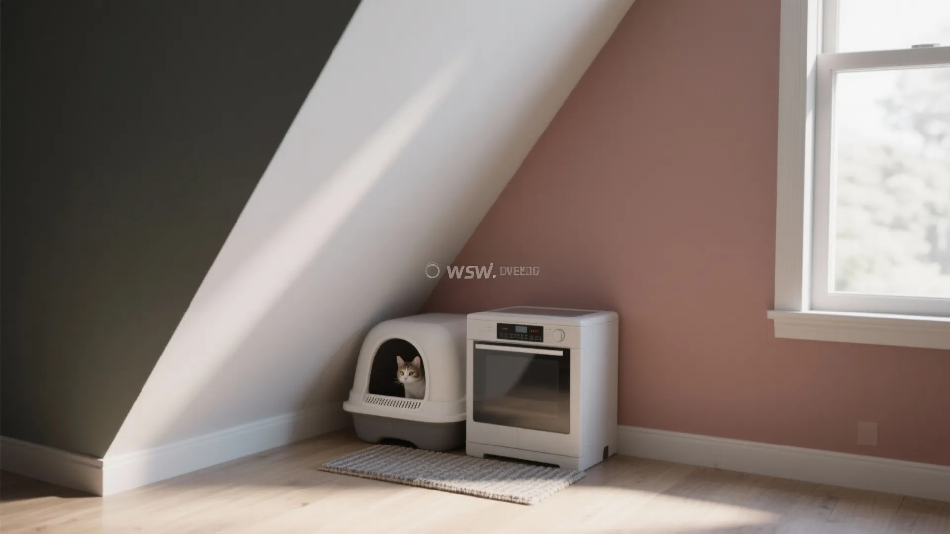 Small laundry room under sloped roof with cat litter box washing machine and pink wall