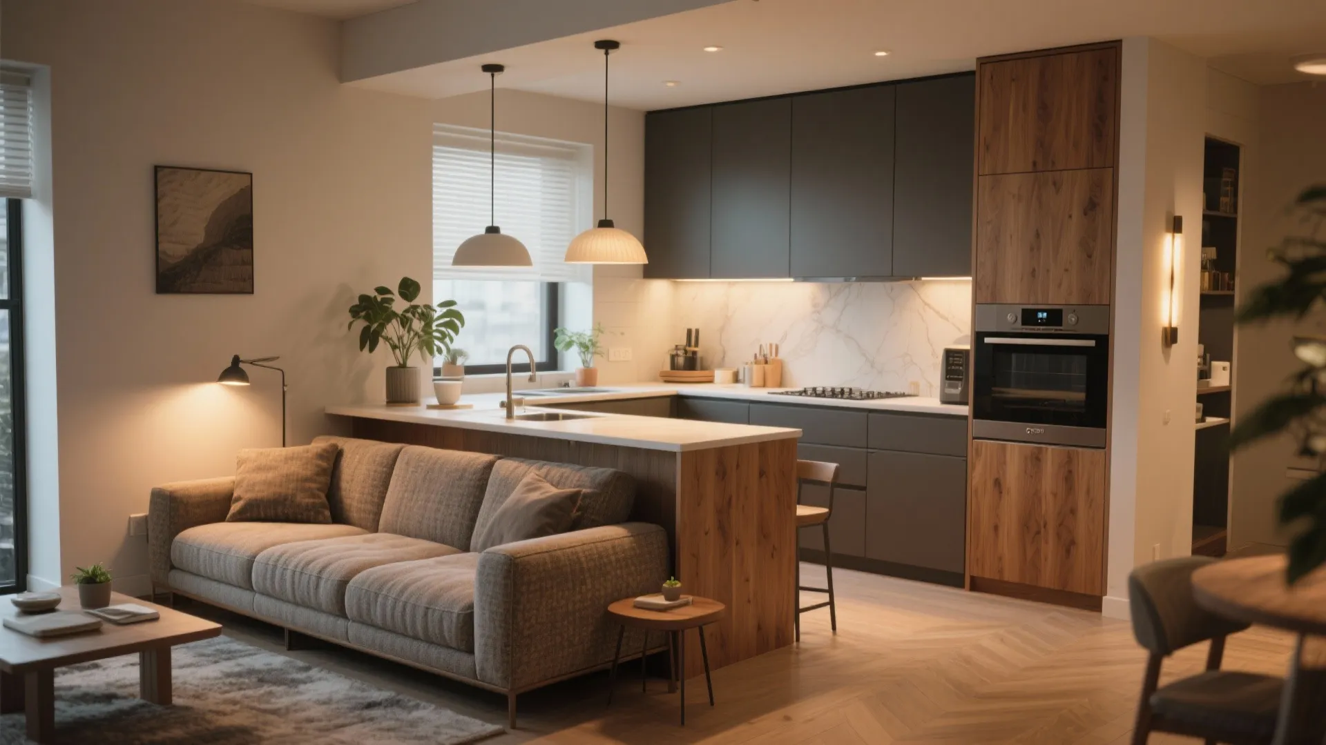 Modern open plan living room with grey sofa wooden kitchen island and warm ceiling light fixtures
