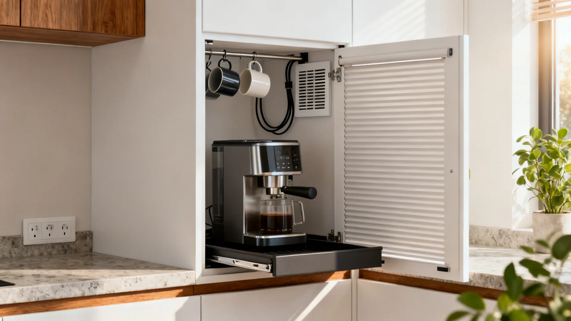 Corner appliance garage with tambour door and coffee setup on a pull-out tray.