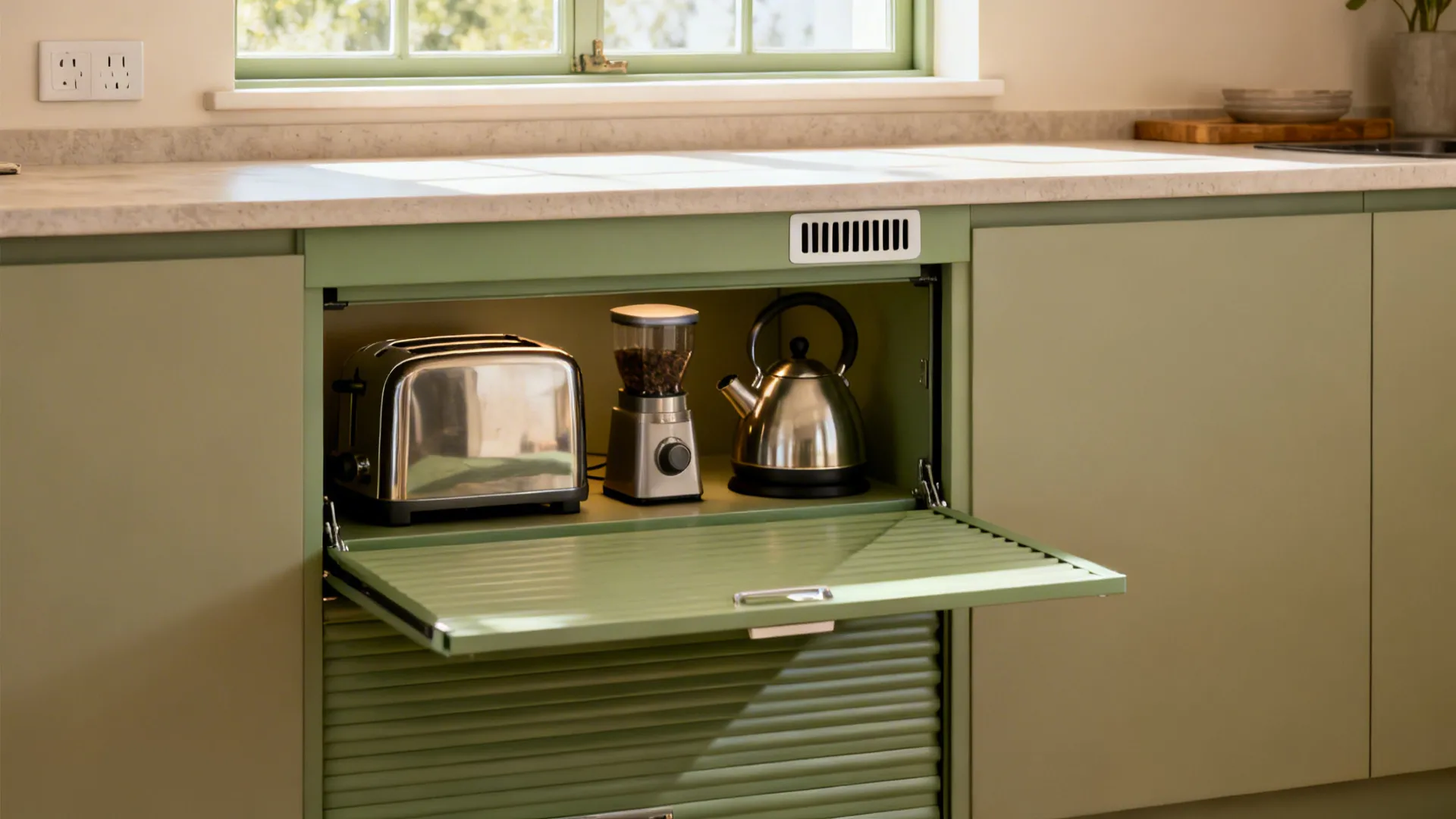 Corner appliance garage under a window slab with a tambour door revealing small appliances and a rear vent slot.