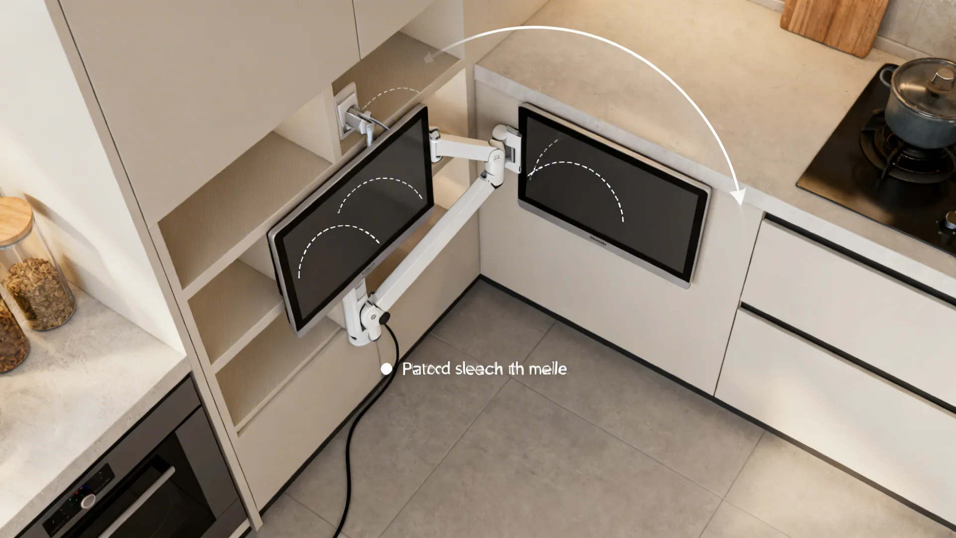 Top-down view showing the articulating arm swing radius and safe clearances in a corner kitchen niche.