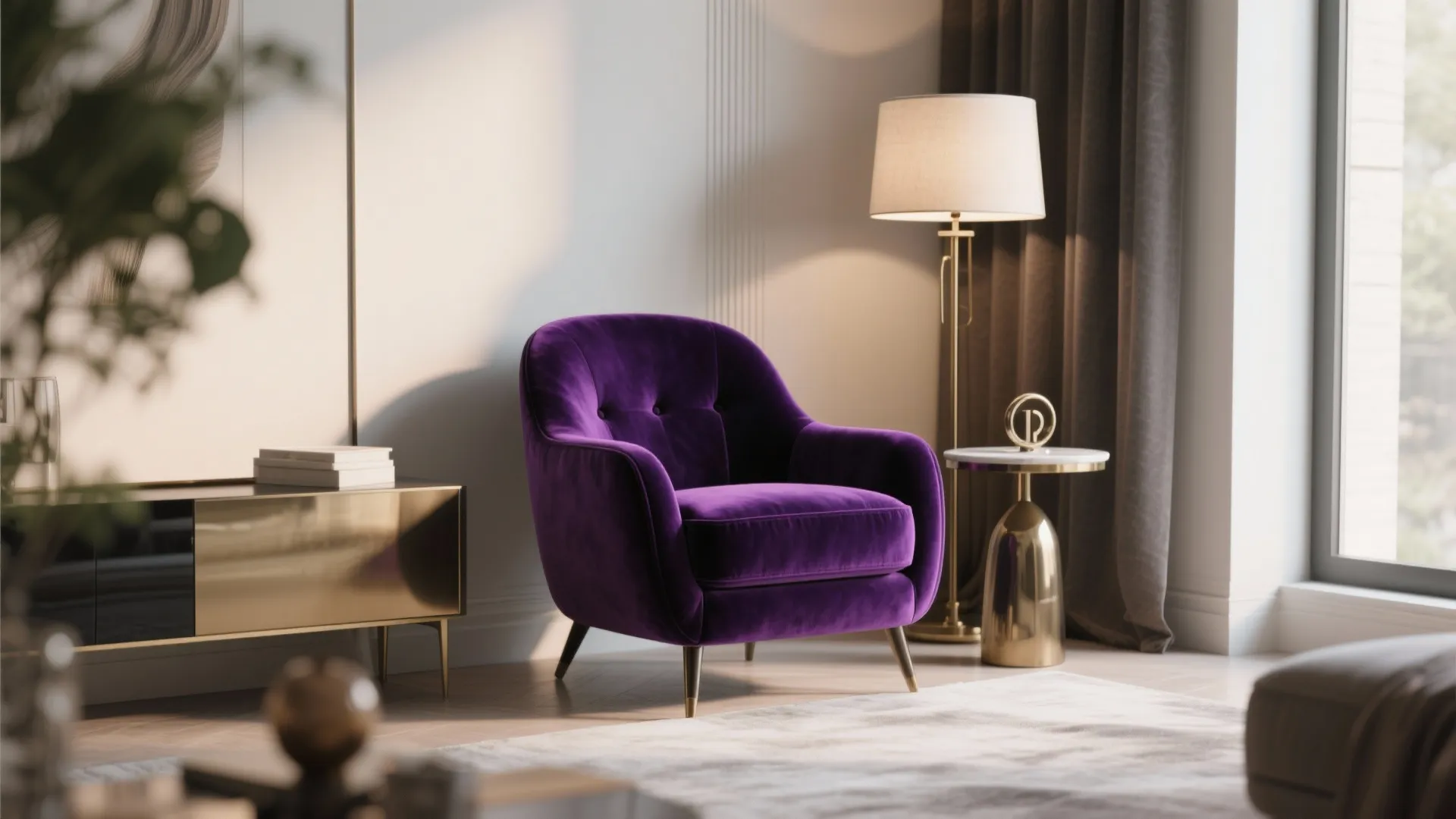 Purple velvet armchair placed in a corner with gold side table floor lamp and curtains