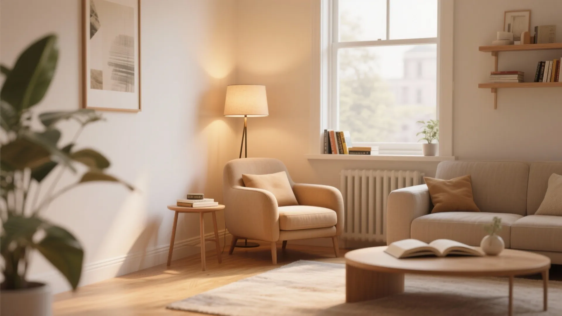 Cozy reading corner with beige armchair floor lamp wooden side table and window with natural light