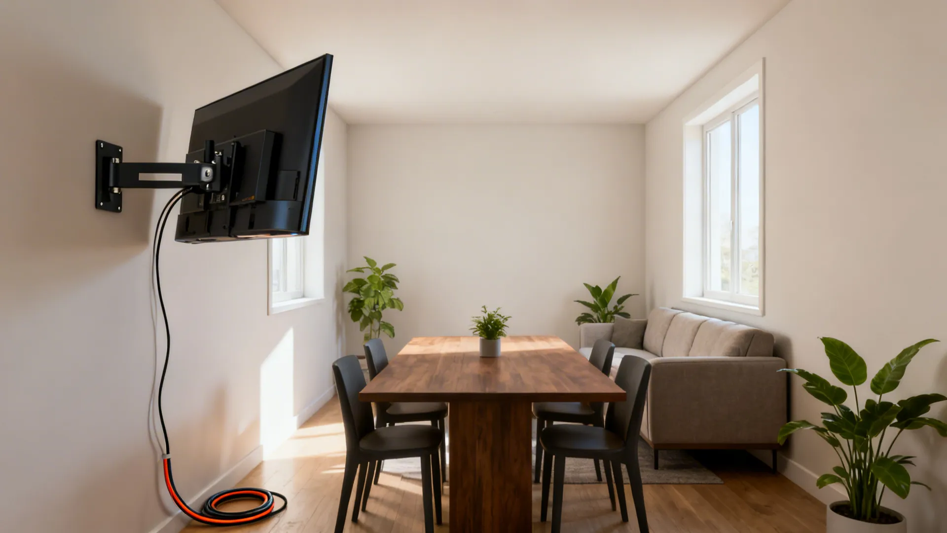 Corner-mounted TV on an articulating arm rotated toward a dining area in a long, narrow room.