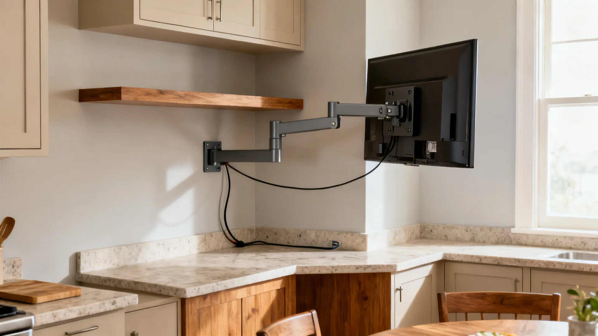 Corner niche with a TV on an articulating arm, cords managed with a protective sleeve.