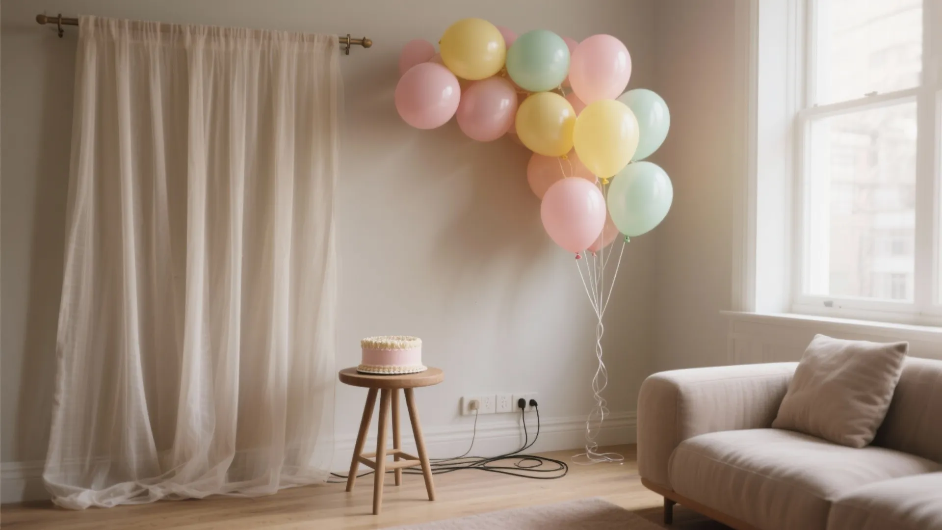 Balloon + Fabric Backdrop in a Cozy Corner