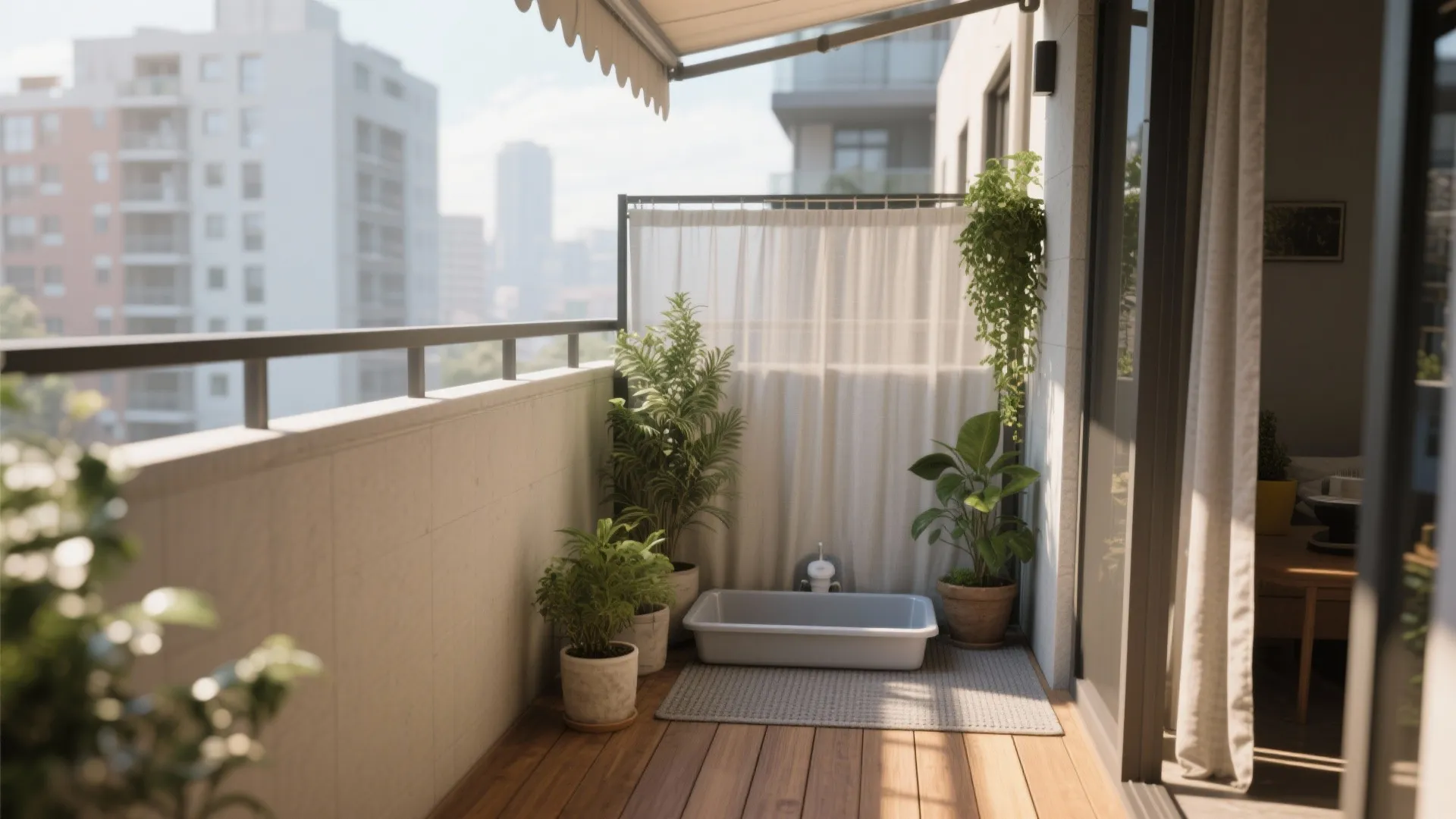 Modern balcony corner featuring wooden floor potted green plants white curtain and a city view