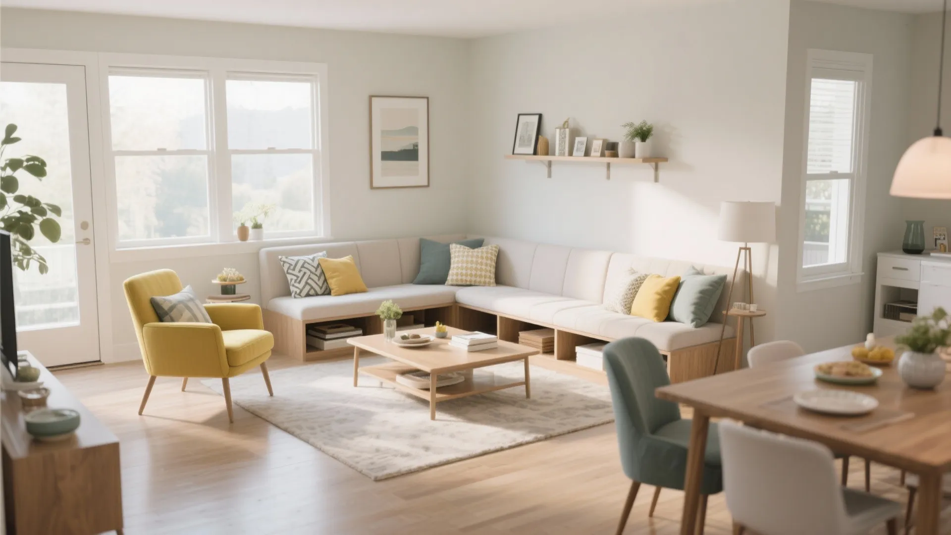 Bright open plan living space featuring corner seating yellow armchair wooden table and large sunny windows