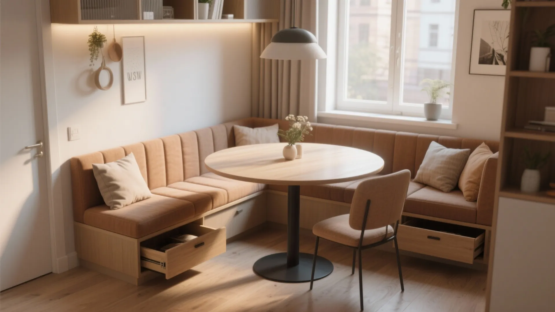 Corner dining area with brown padded bench round wooden table black ceiling light and storage drawers