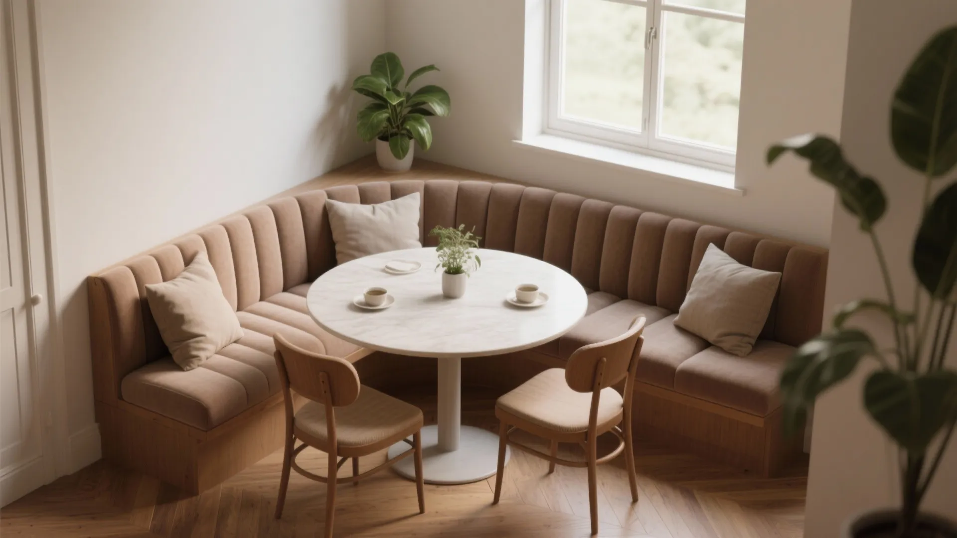 2. Corner banquette with a compact circle table