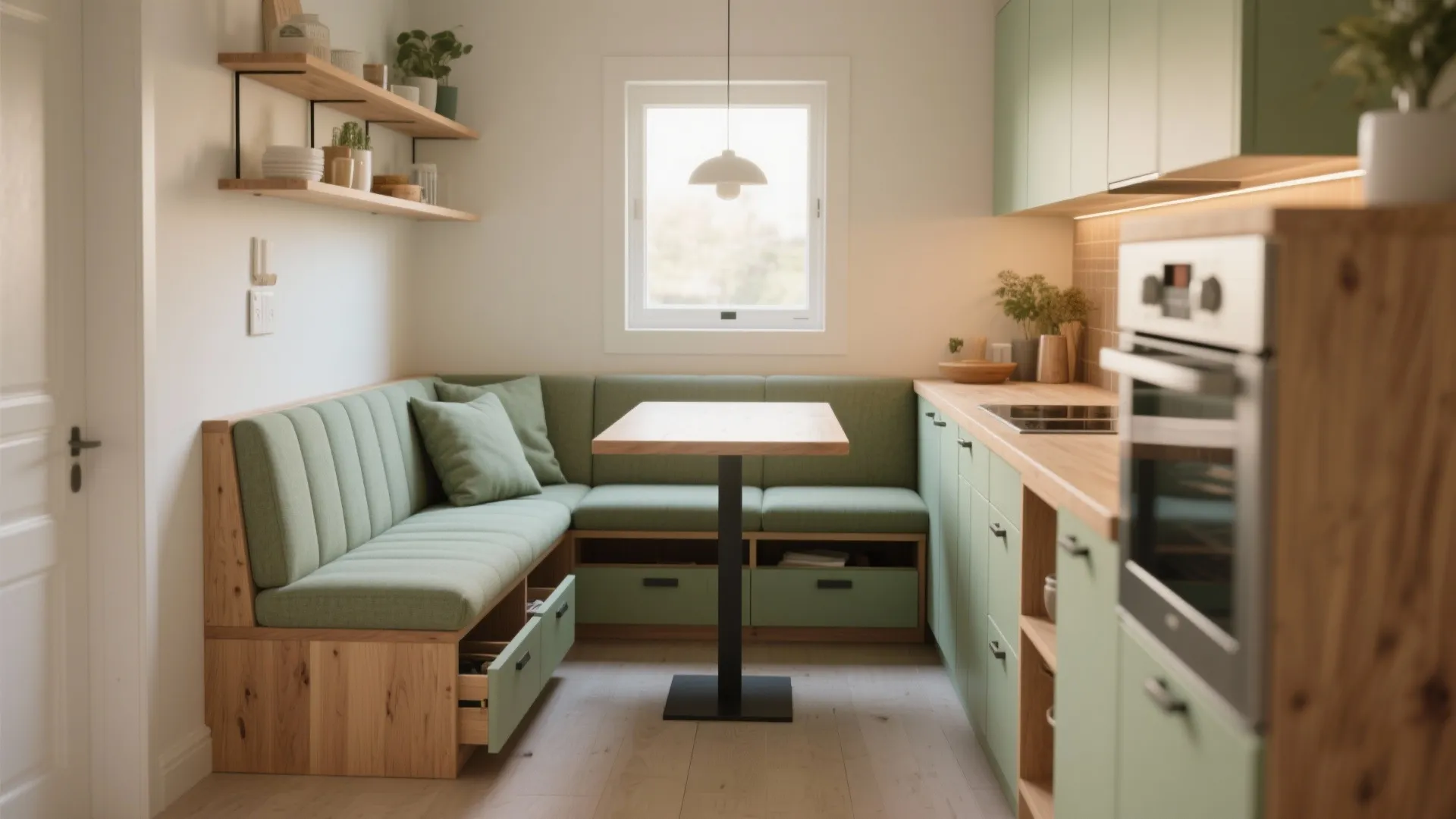 3. Built-in corner banquette for storage and coziness