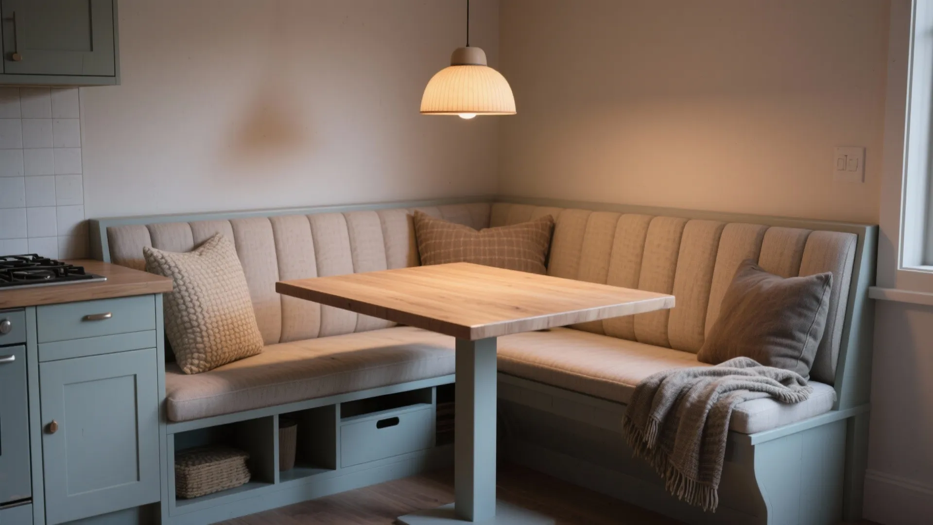 Corner dining area with L-shaped bench wooden table hanging ceiling light and pillows for comfort