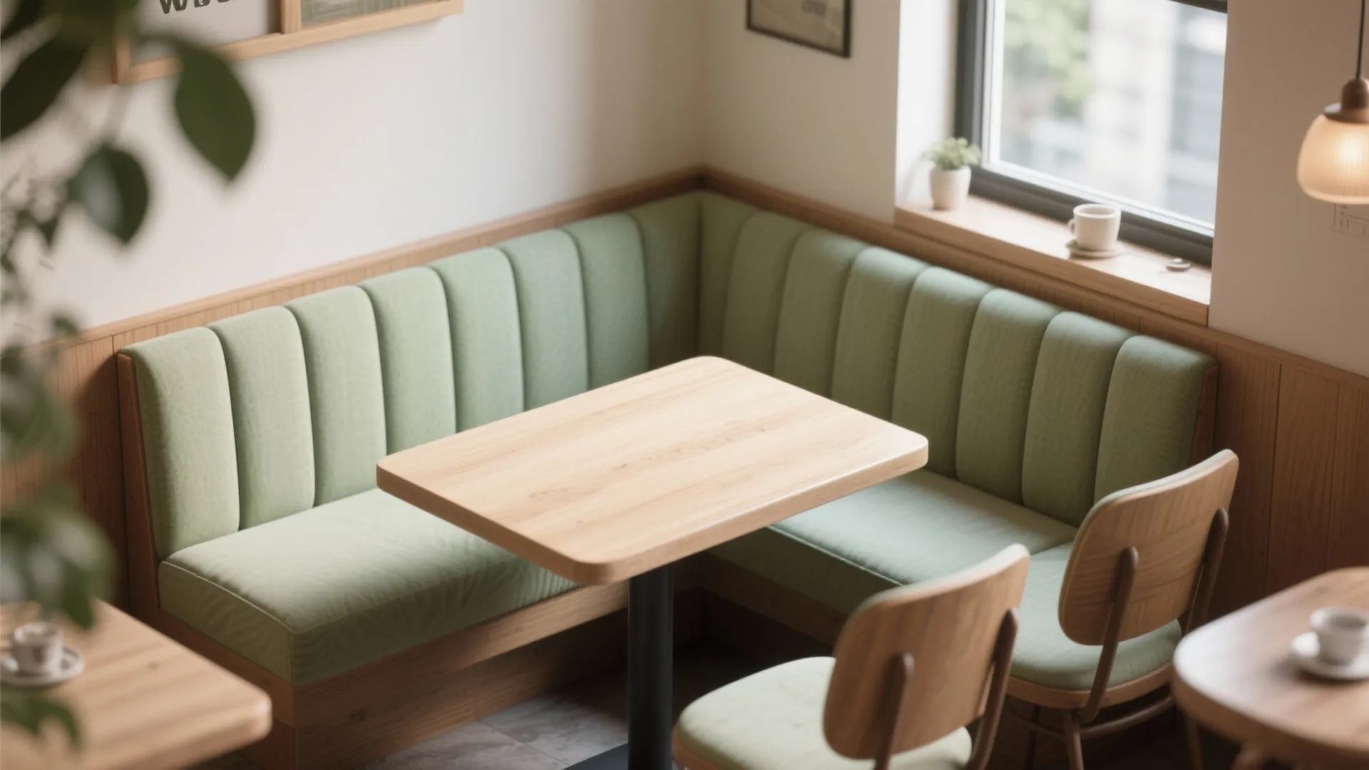 Cozy dining corner with light green wall sofa wood table and wooden wall panel design