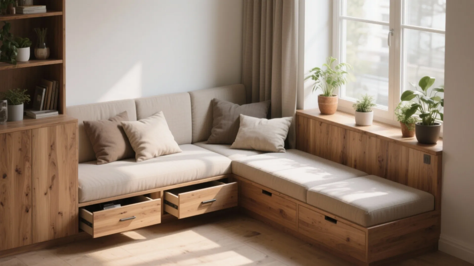 Built in wooden corner sofa with storage drawers cushions plants and natural light from window