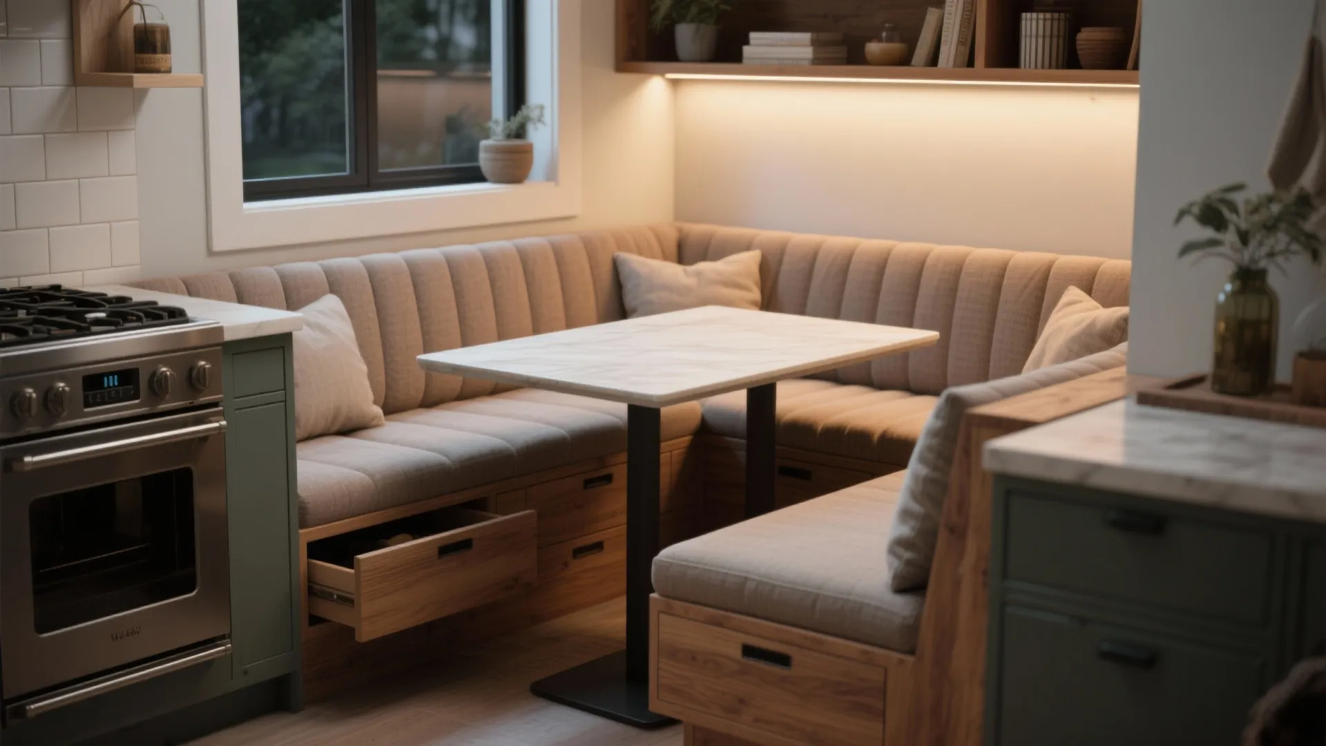 Modern kitchen corner seating area with wooden storage drawers marble table and cozy grey cushions
