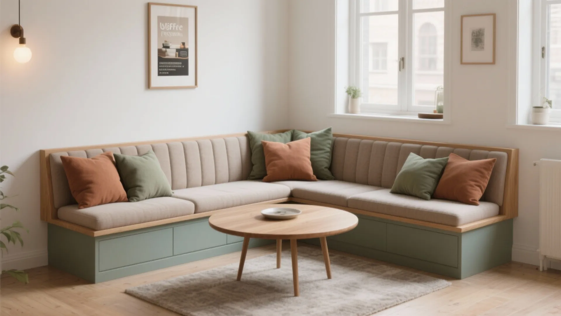 Corner built-in sofa with green base and beige cushions paired with a round wooden table