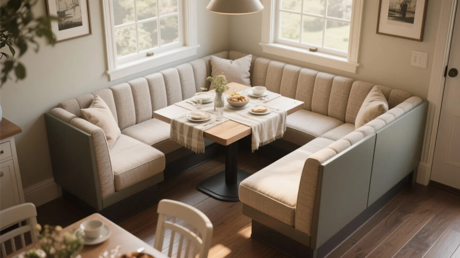 Modern breakfast nook with a gray corner sofa wood table and light green wall panels