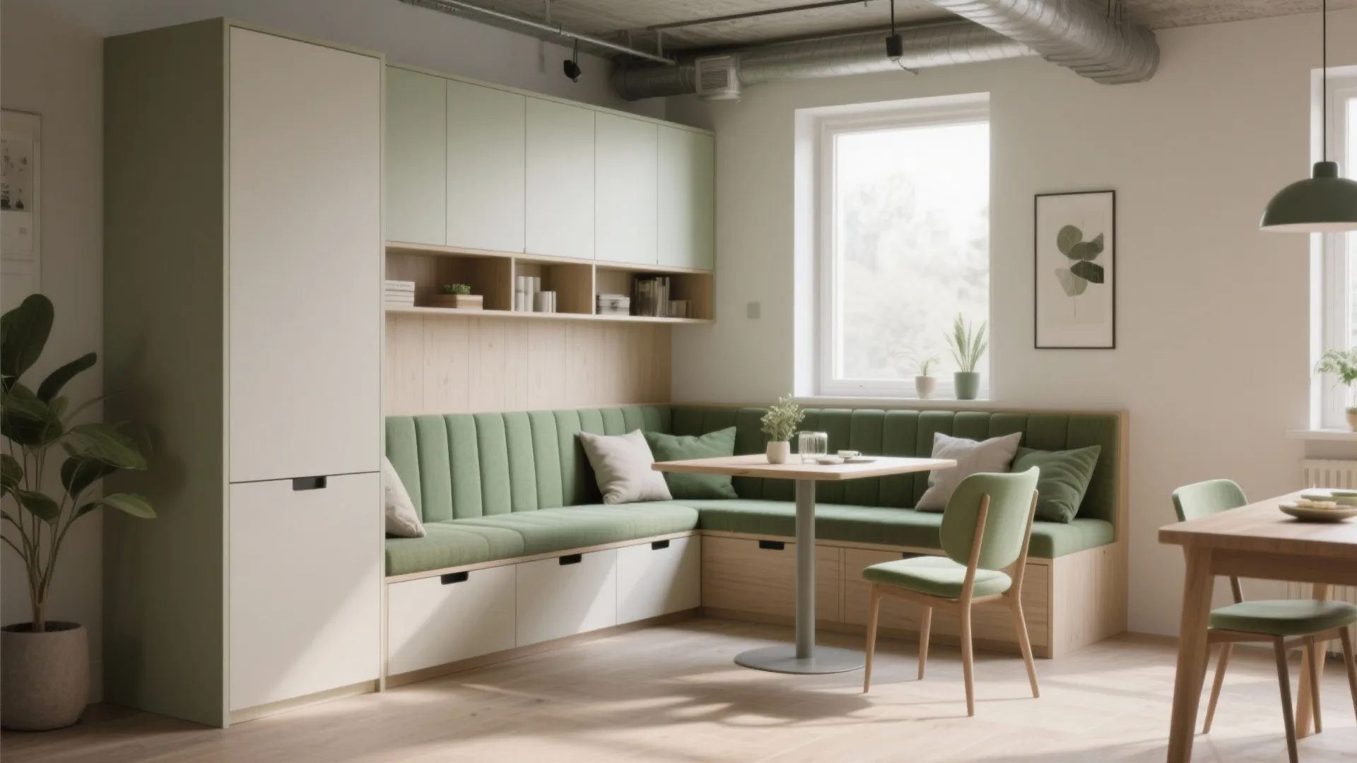 Green corner bench seating with wooden table light green cabinets large window and matching chair
