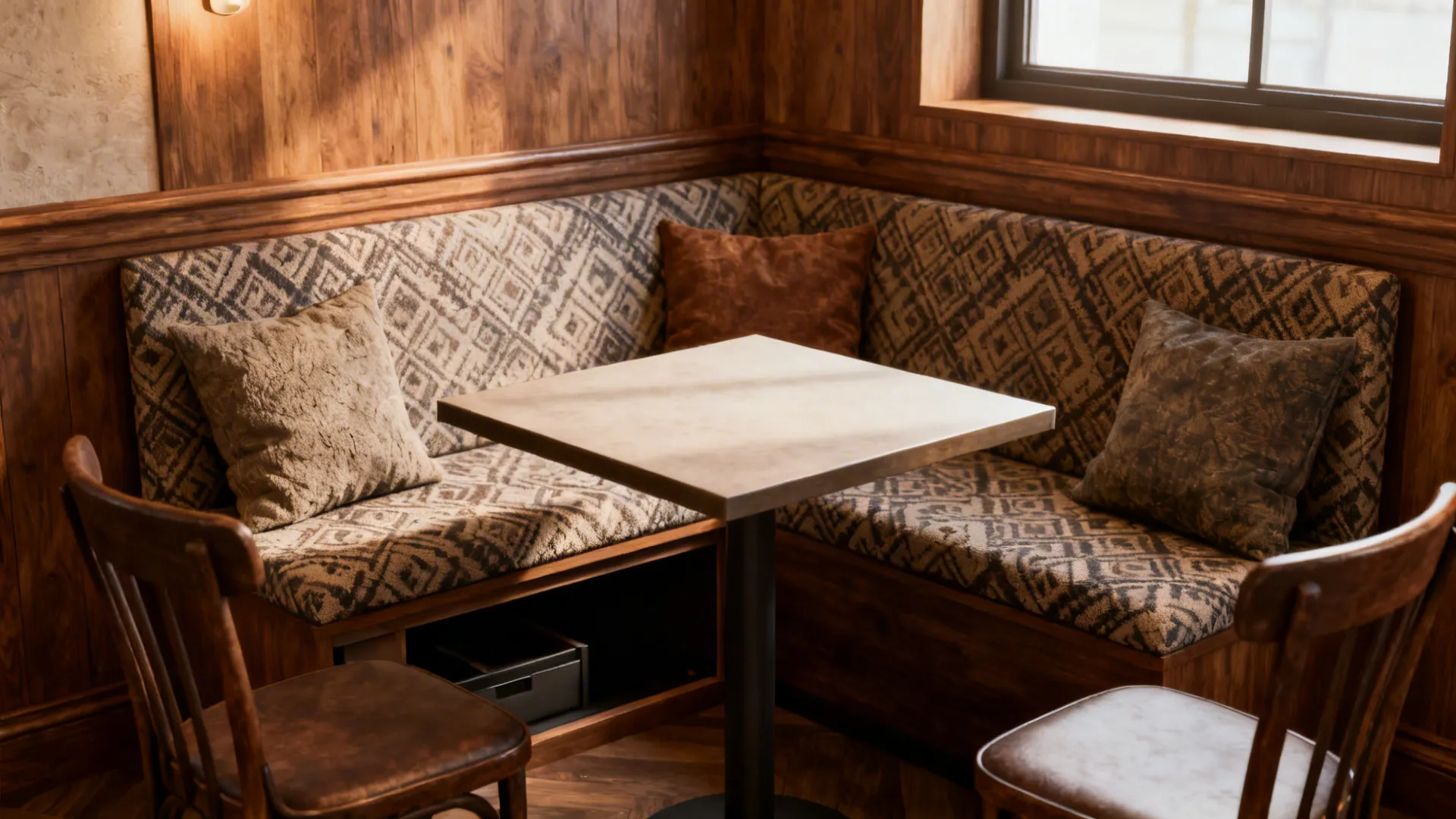 Square table in a corner with a patterned bench and chairs creating a cozy banquette