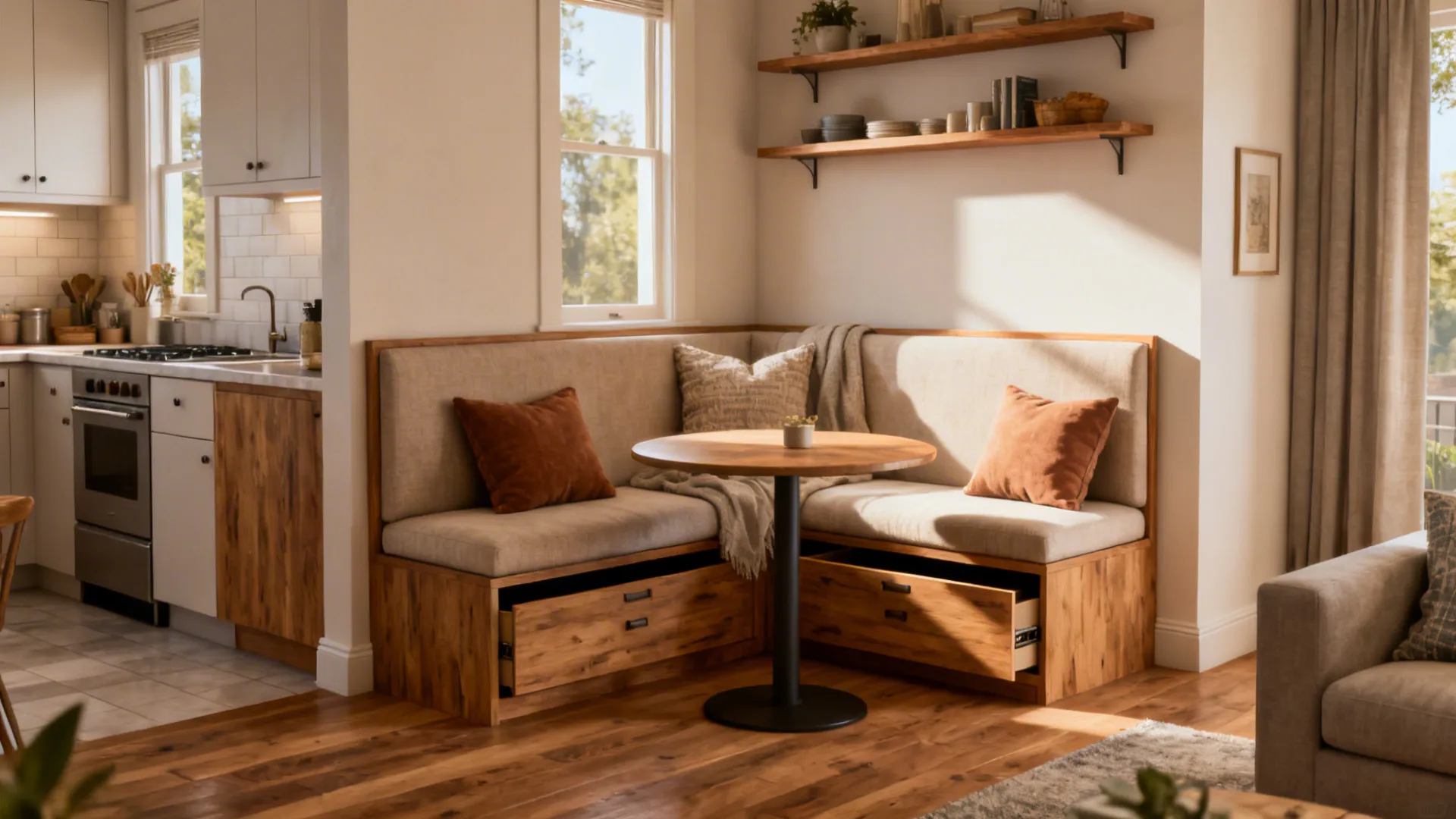 Open-plan living-kitchen with built-in corner banquette and hidden drawers maximizing seating