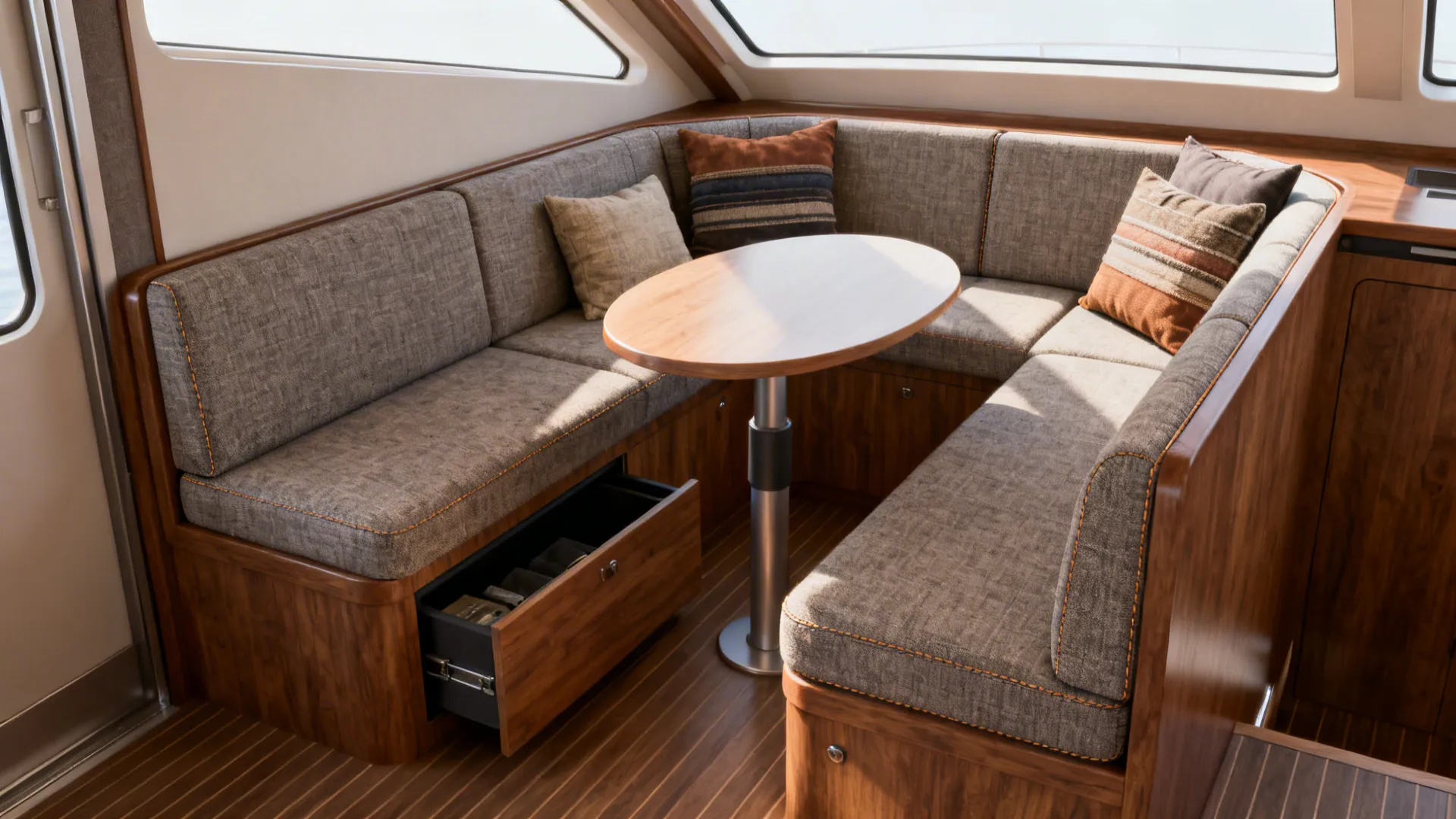 L-shaped corner banquette with storage and a small round table in a compact nook