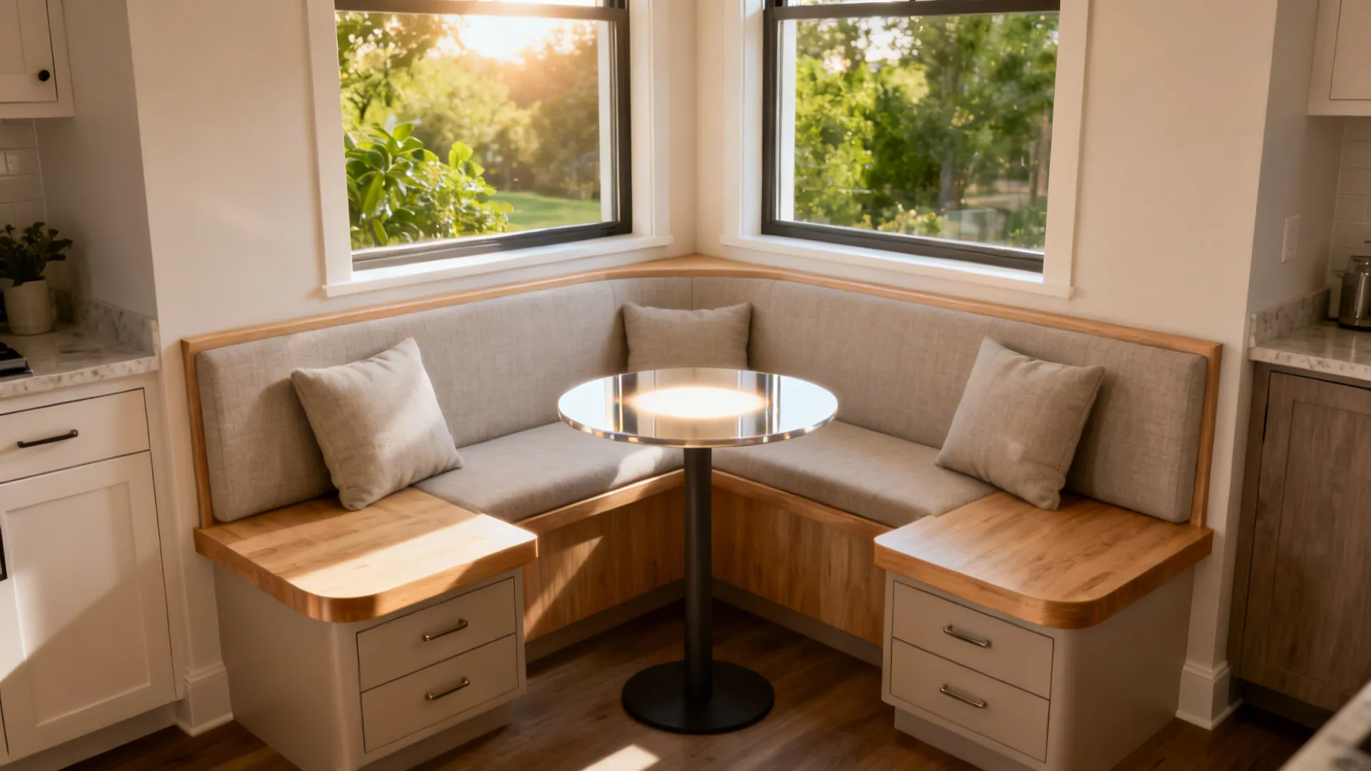 Built-in corner banquette under two windows with soft daylight and storage below.