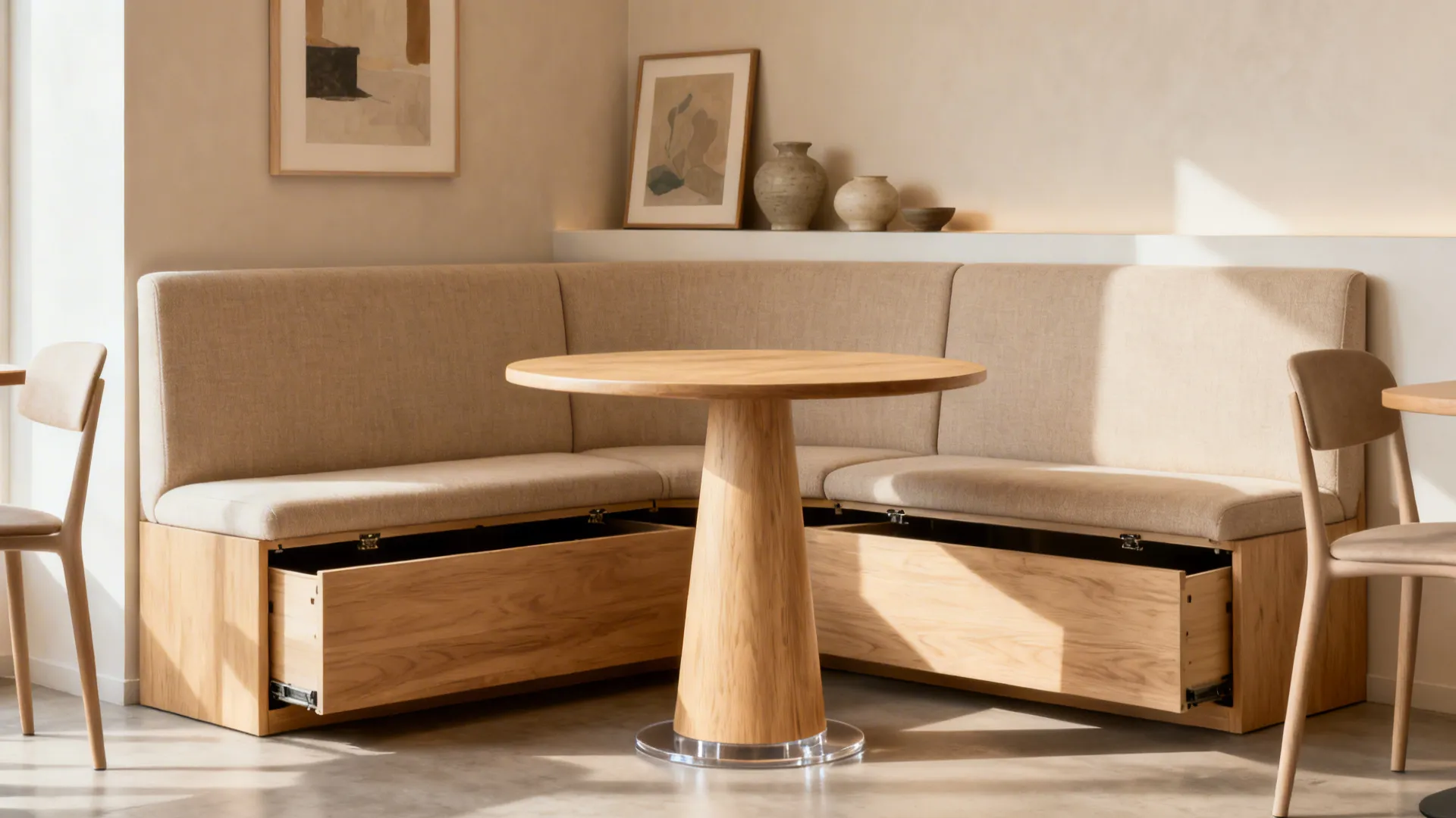 Wooden corner sofa with open storage drawers under a round wooden table in dining room