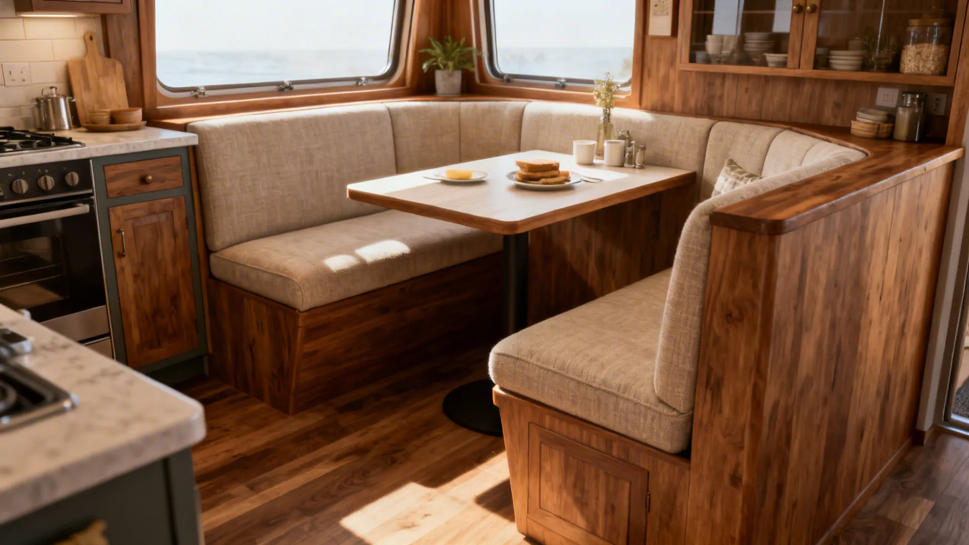 Corner island with banquette seating in a small kitchen creating a cozy dining nook.