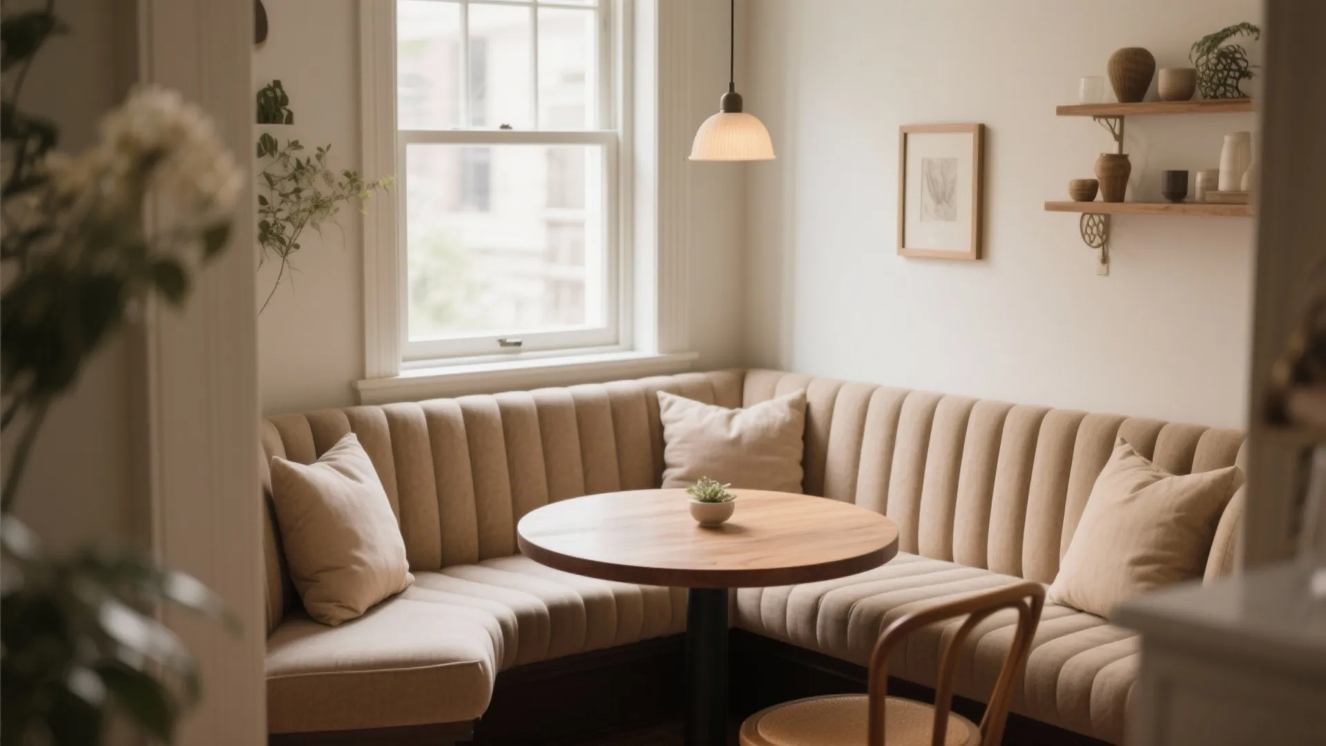 Beige corner dining bench with a round wooden table and a small hanging ceiling light
