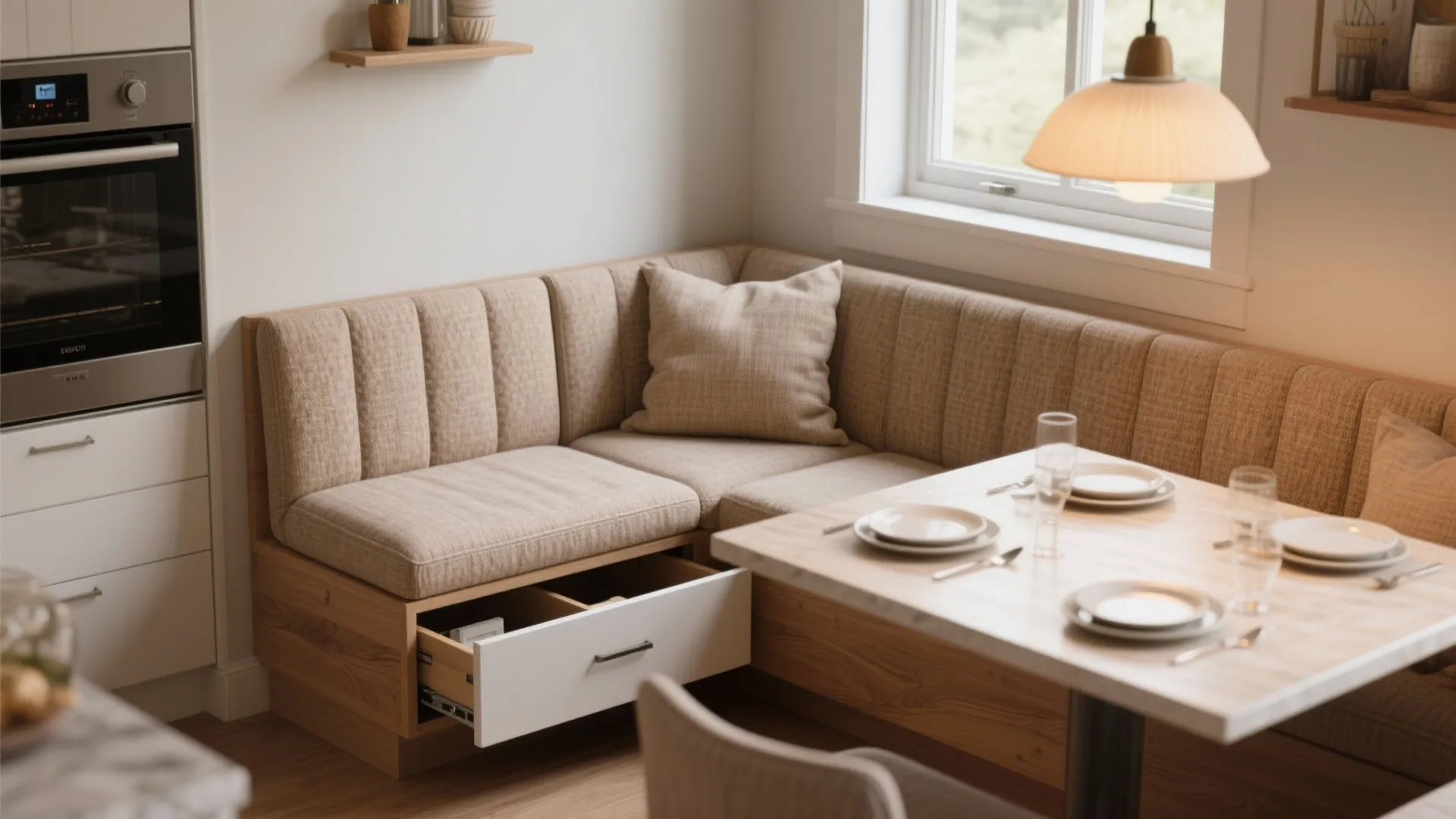 1. Use a corner banquette to reclaim floor space