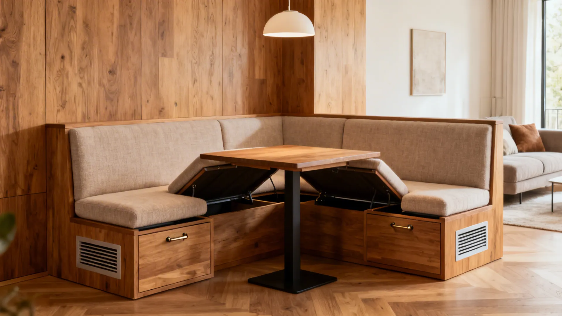 Corner banquette with lift-up storage seating around a compact dining table.