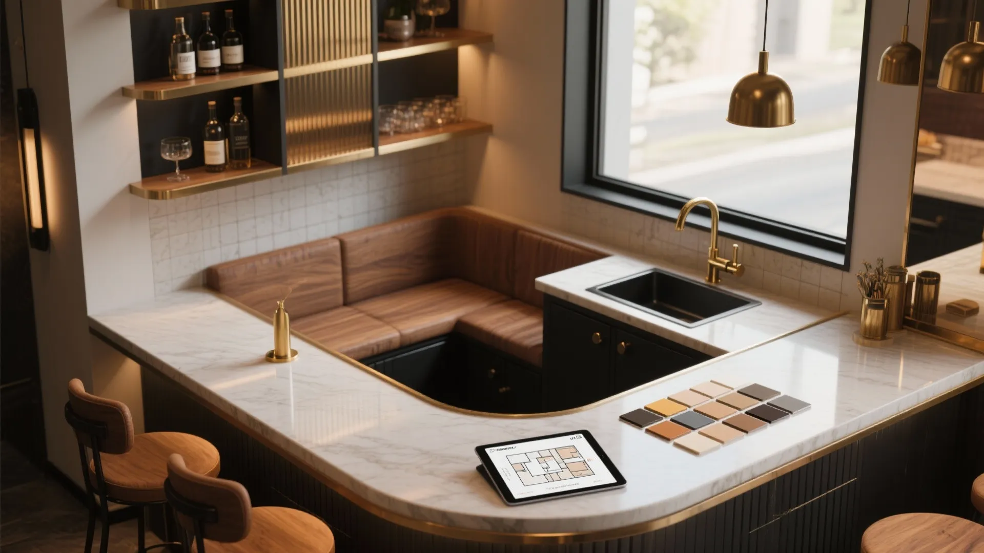 Modern home bar area featuring marble counter brown seating sink gold faucet and floor plan