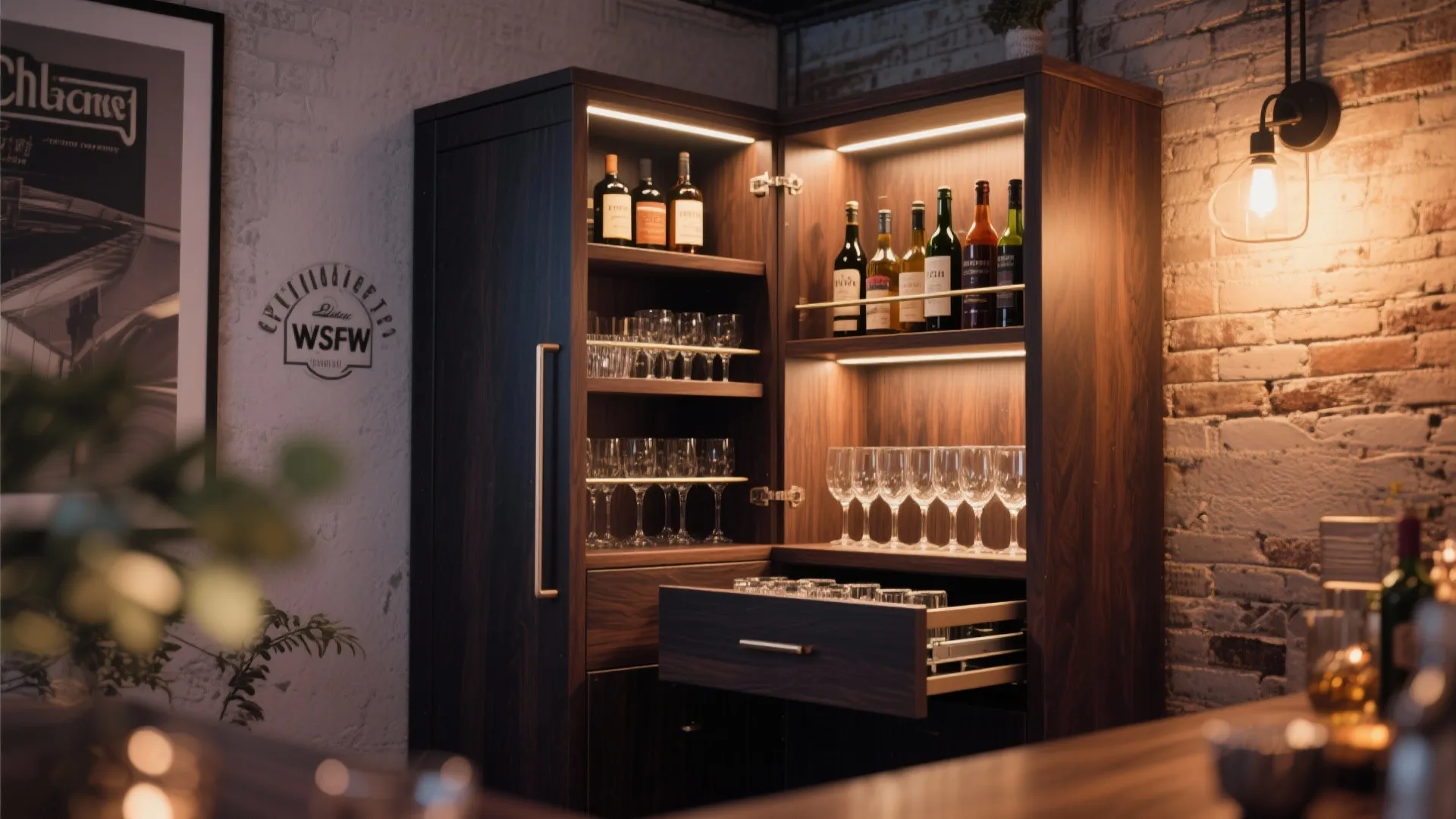 4. Corner Bar Cabinet with Pull-Out Shelves