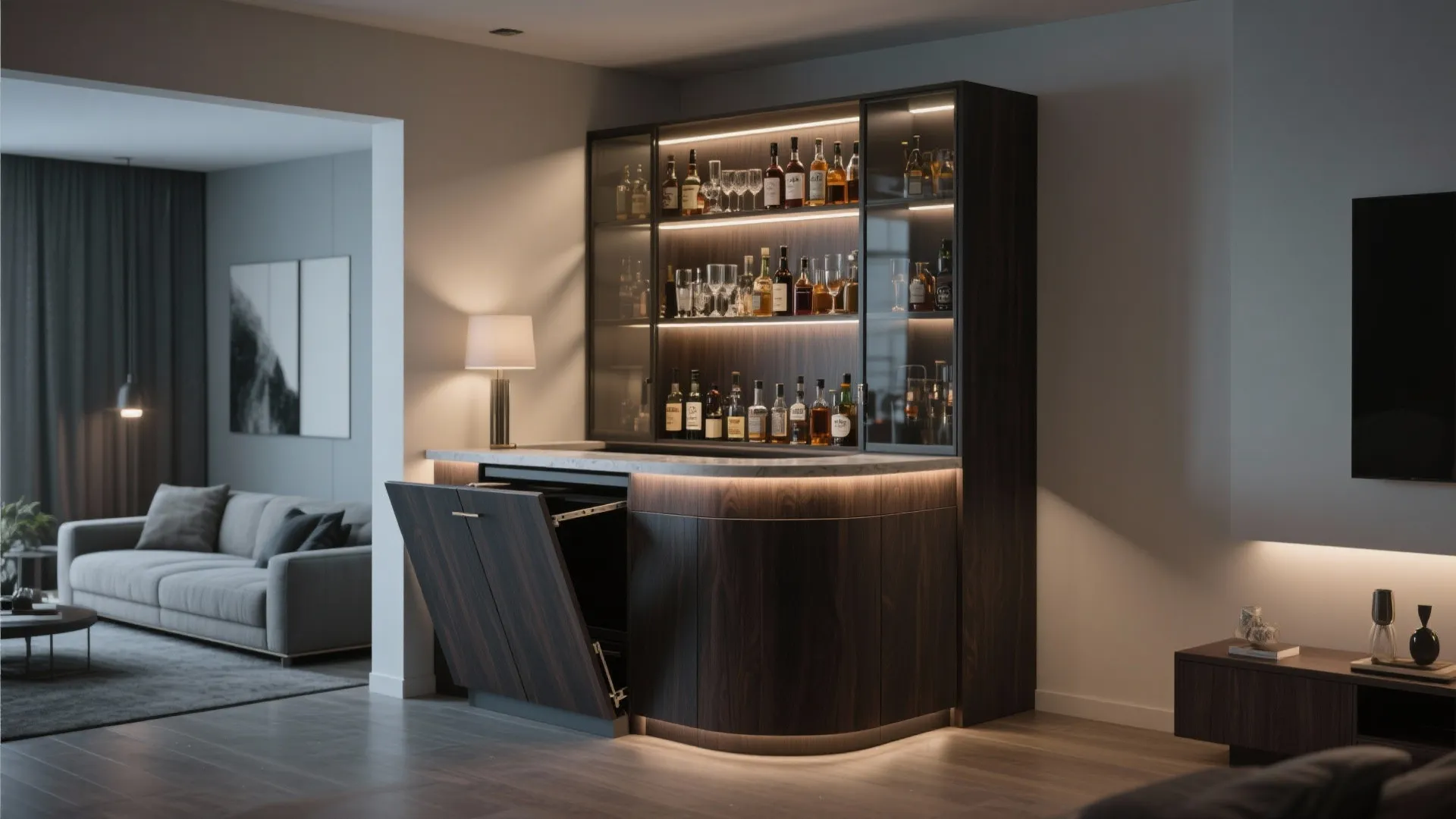 6. Corner Bar Cabinet with Fold-Out Counter