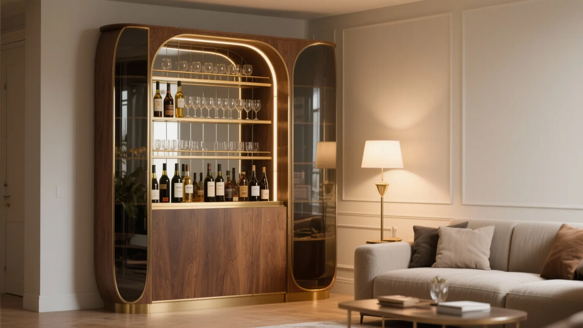 Modern wood wine cabinet with glass shelves and warm lighting next to a beige sofa