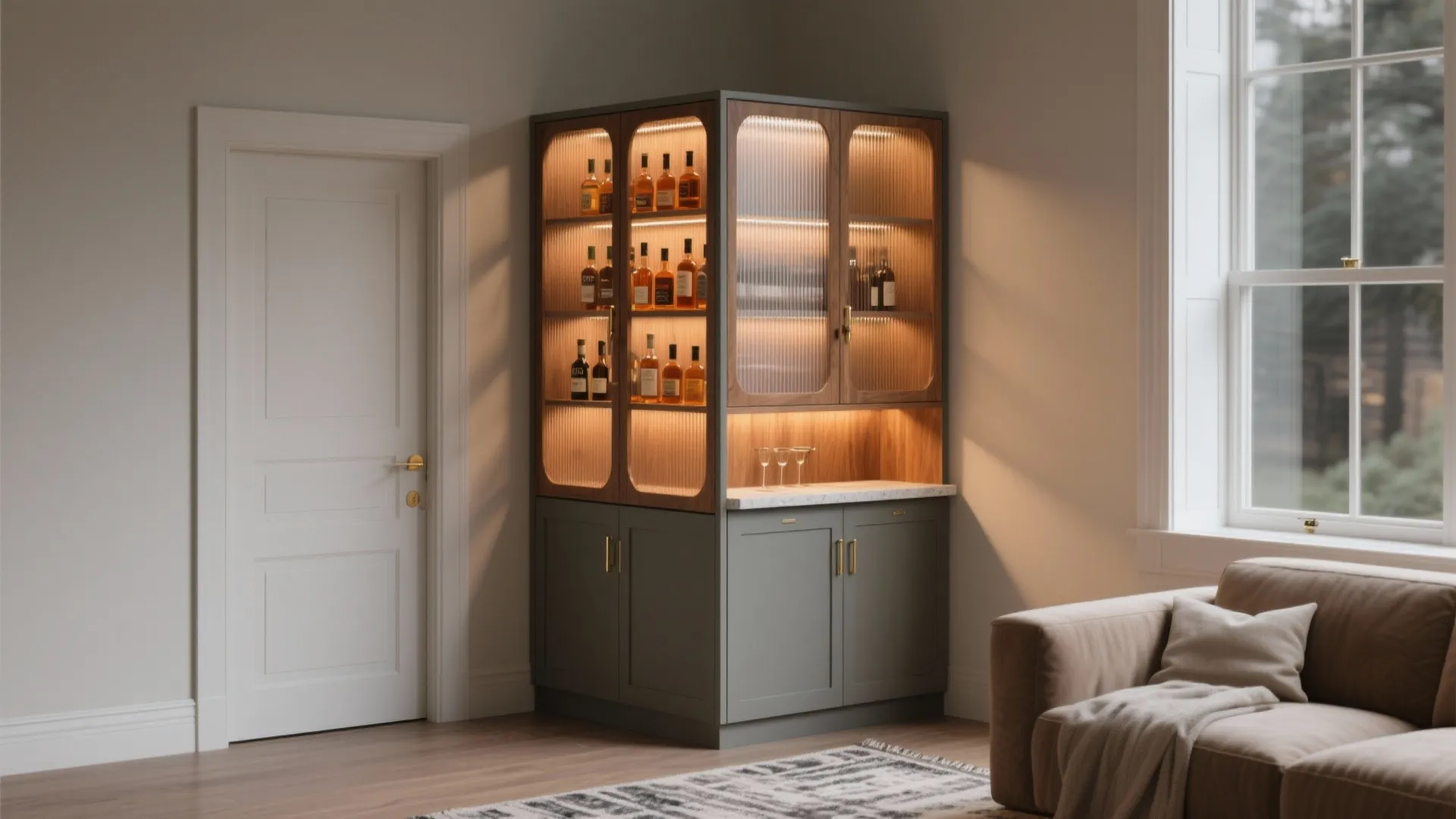 Corner Bar Niche with Tall Cabinet