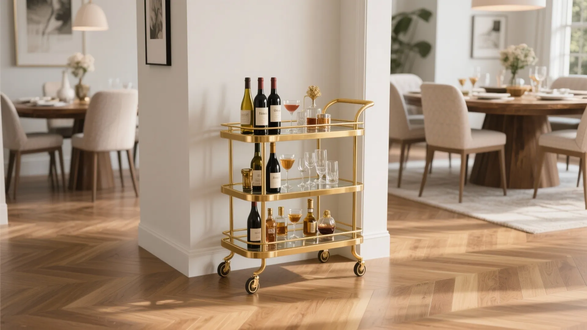 Gold metal bar cart with wine bottles and glasses standing on a wooden floor corner