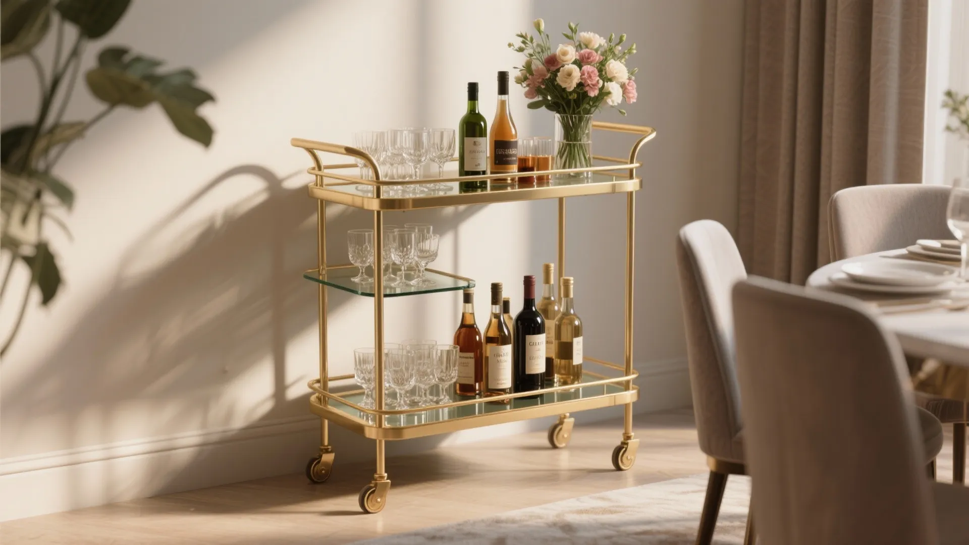 Gold-framed bar cart in dining room corner