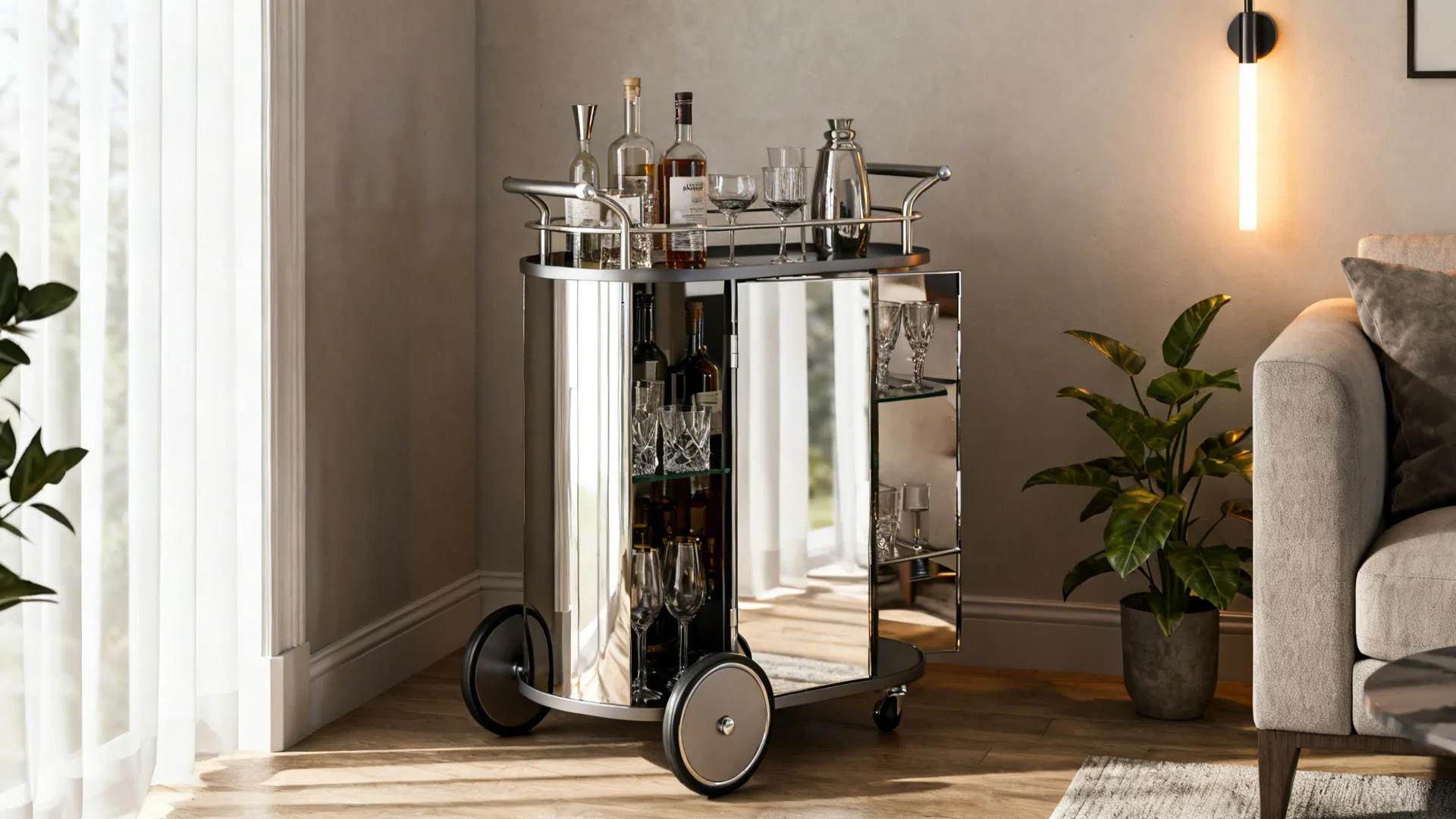 Mirrored mobile bar cart pulled out from a living room corner with glassware and bottles