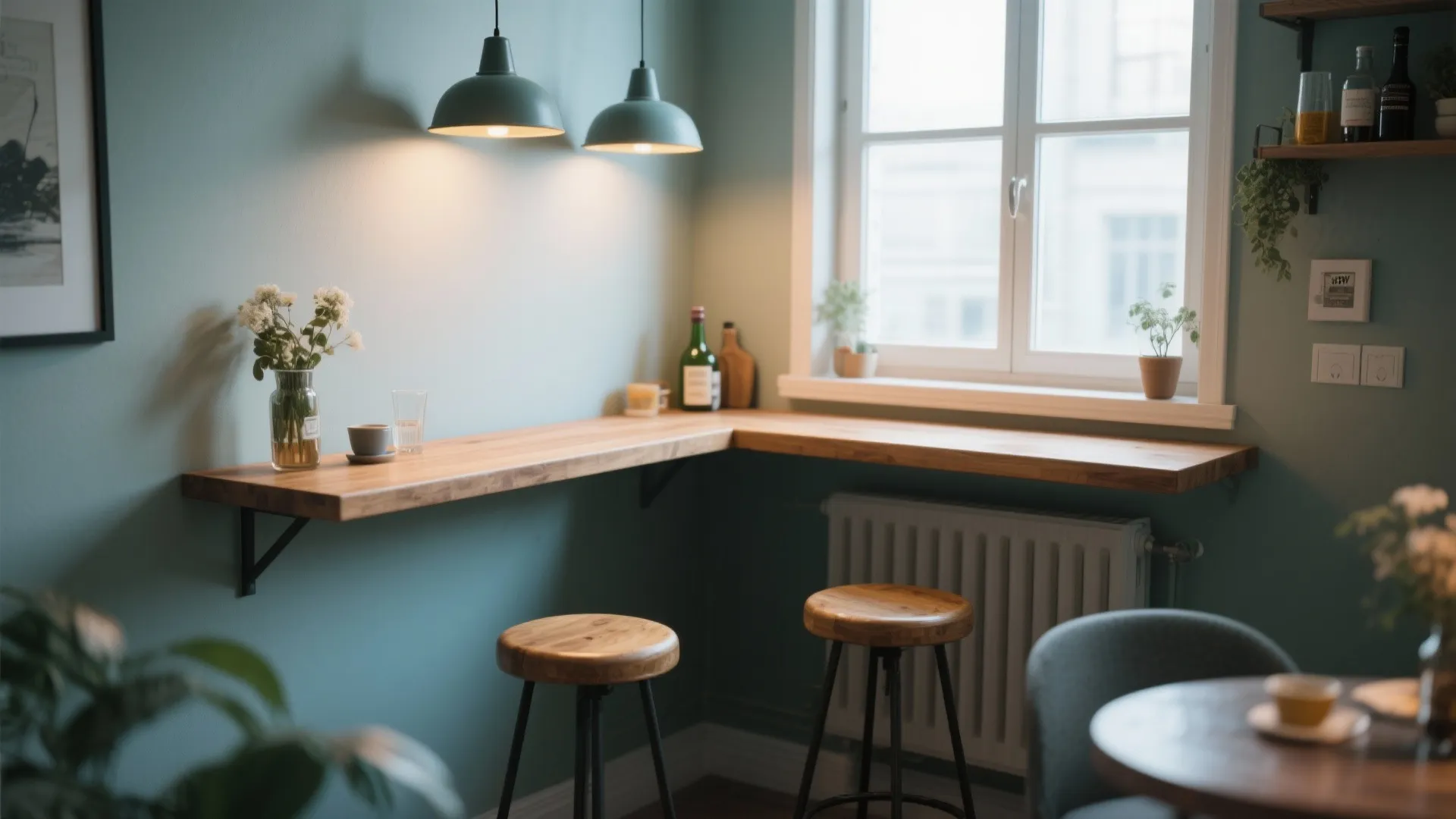 Small corner dining area with wood wall table wooden stools green walls and roof window