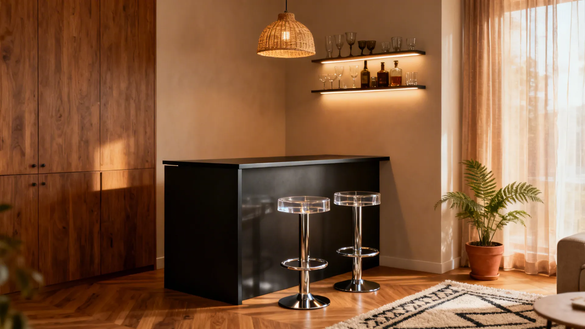 Modern home bar with black counter two clear stools woven ceiling light and wall light