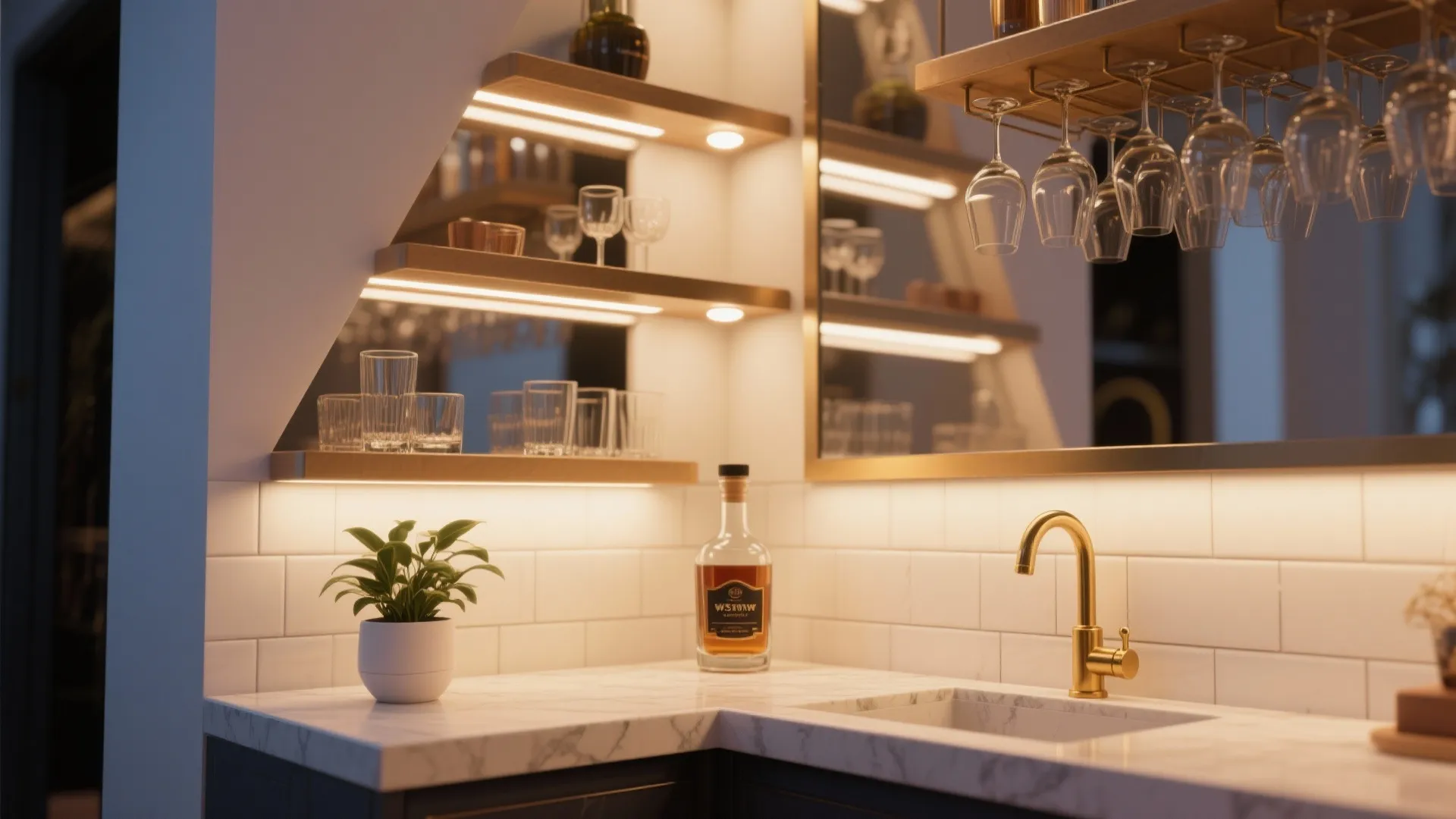 Close-up of a corner bar niche with floating shelves, mirrored backsplash, and hanging stemware.