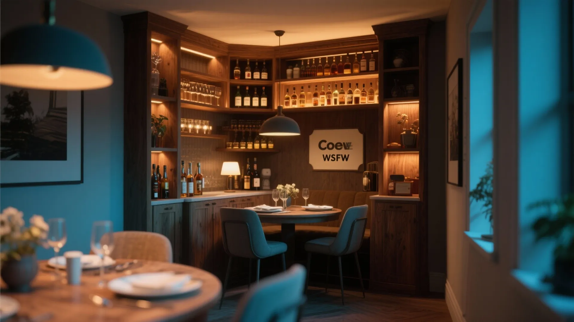 Dining room corner with a compact bar setup