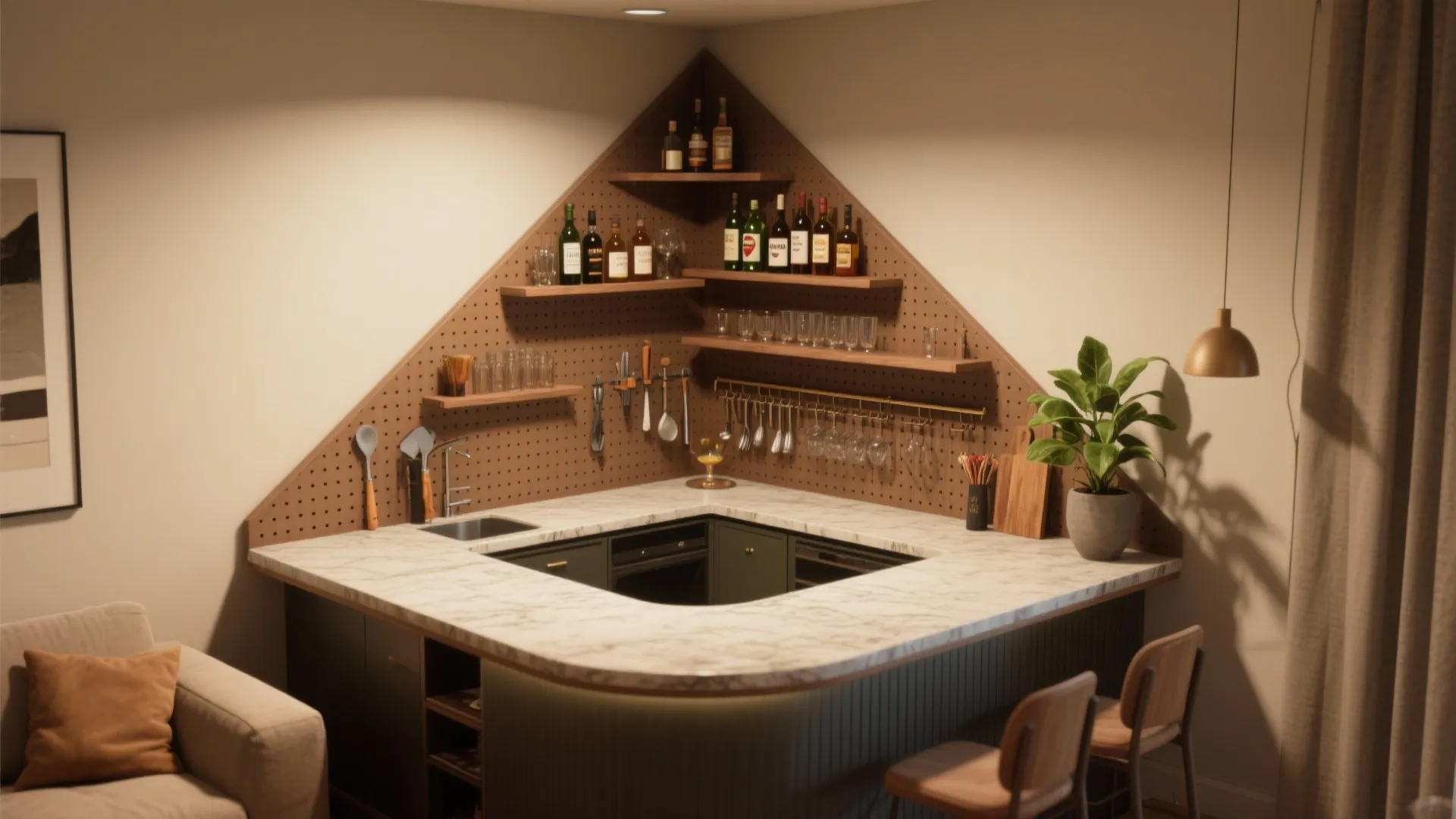 3. Corner bar nook with vertical storage