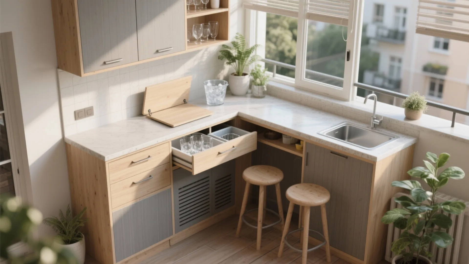 Built-in corner balcony bar with storage drawers and waterproof bins in soft daylight.