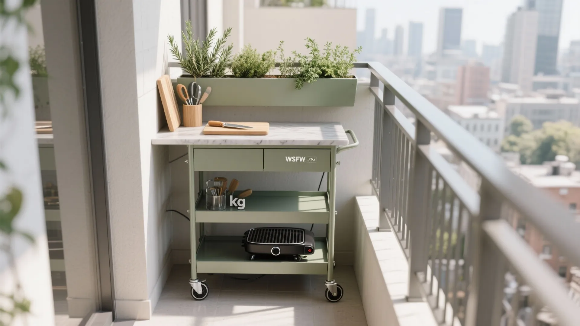 Small balcony corner with a narrow bar cart and planter rail of herbs above.