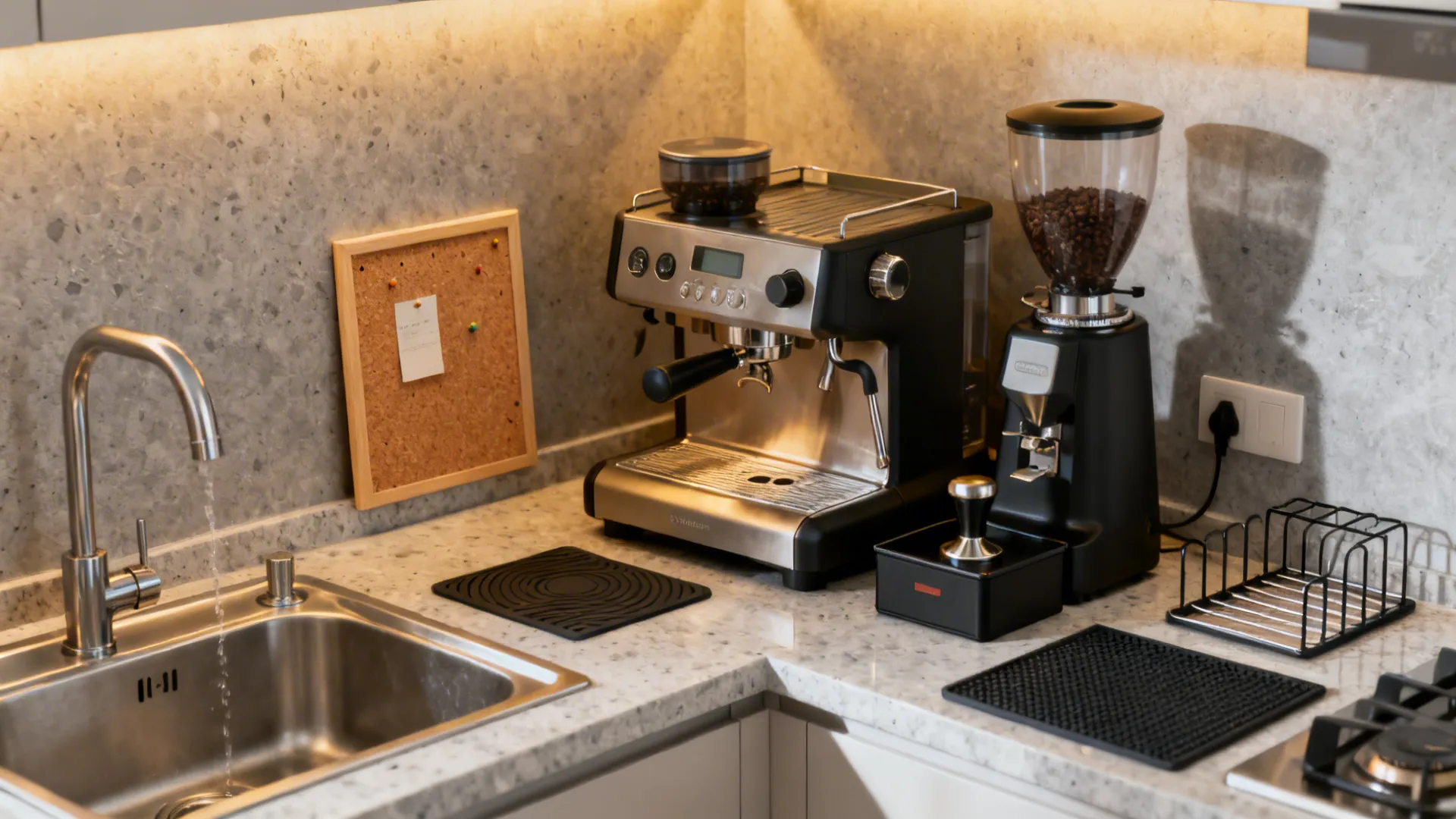 Corner coffee station near a prep sink with machine, grinder, knock box, and cork pinboard.