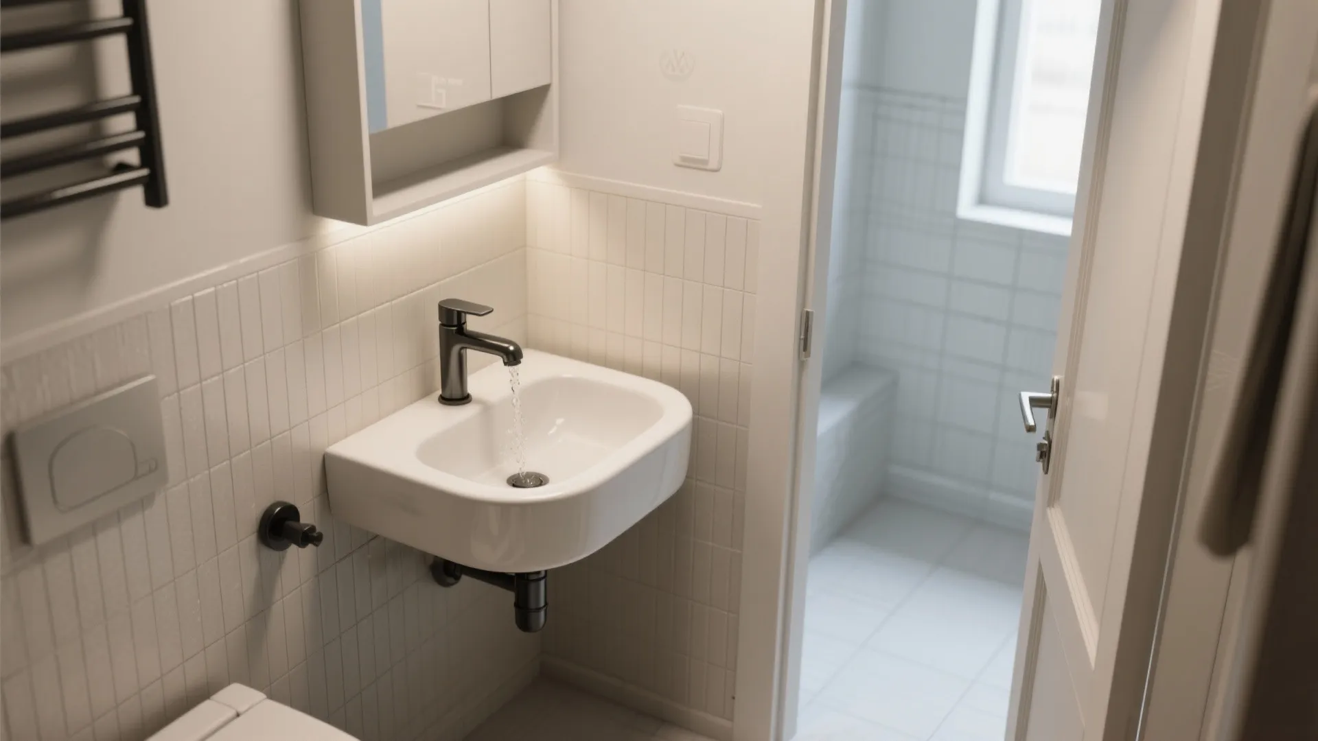 Corner wall-mounted basin to open circulation